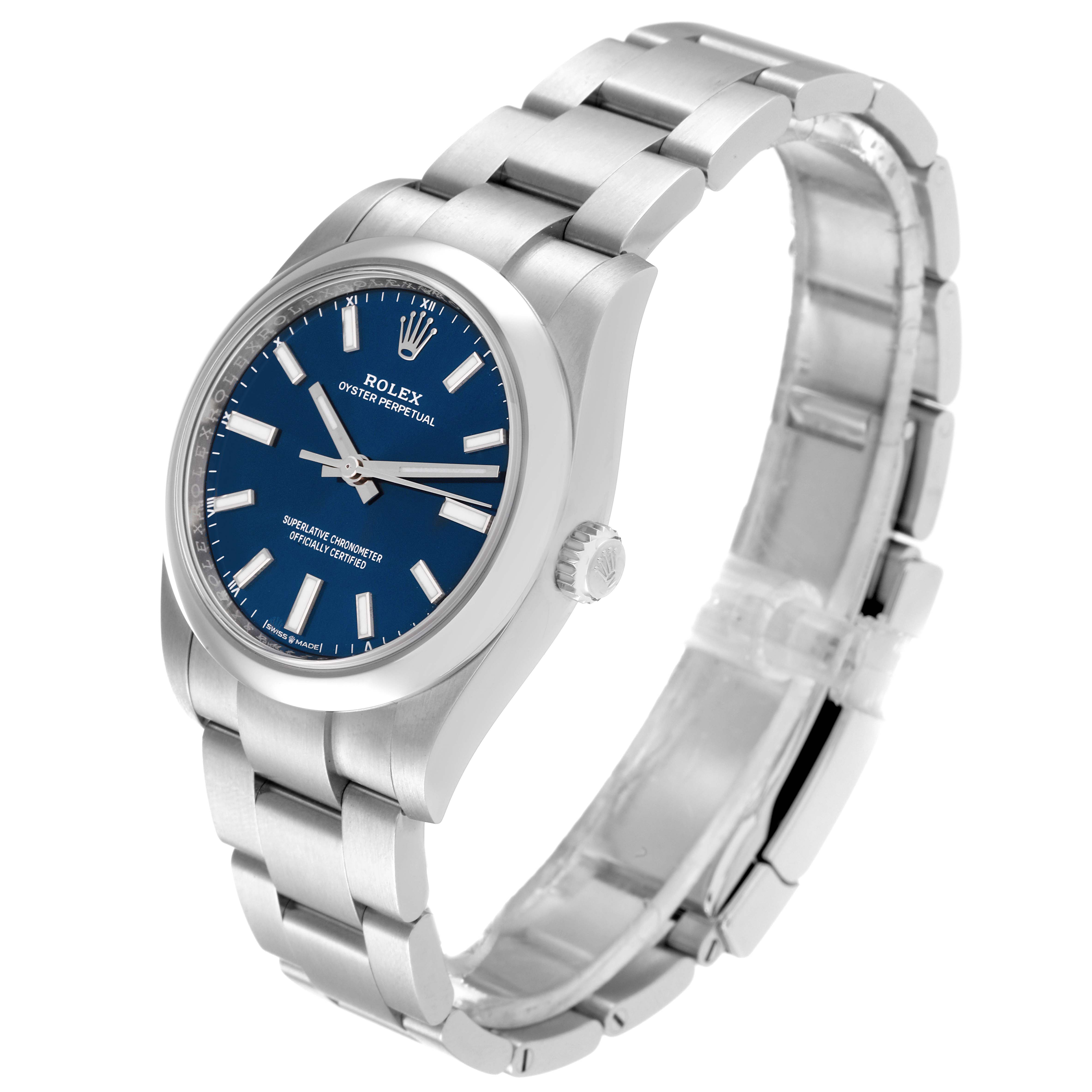 The Rolex Oyster Perpetual 124200 Men's Stainless Steel Blue Dial 124200 Men's Stainless Steel Blue Dial watch is shown at a slight angle, displaying the blue dial, crown, and stainless steel bracelet.