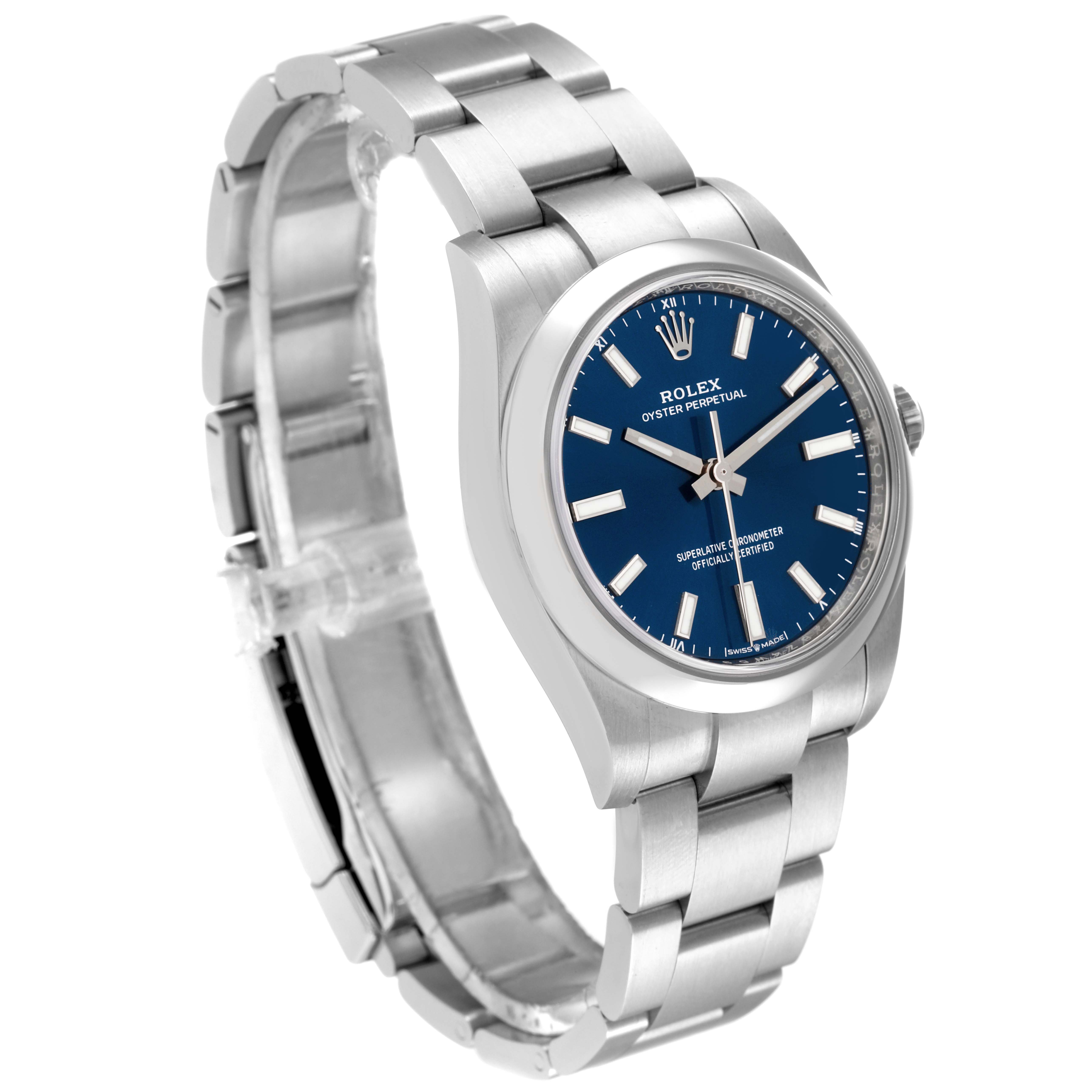The Rolex Oyster Perpetual 124200 Men's Stainless Steel Blue Dial 124200 Men's Stainless Steel Blue Dial watch is shown from a side angle, displaying its blue dial and metal bracelet.