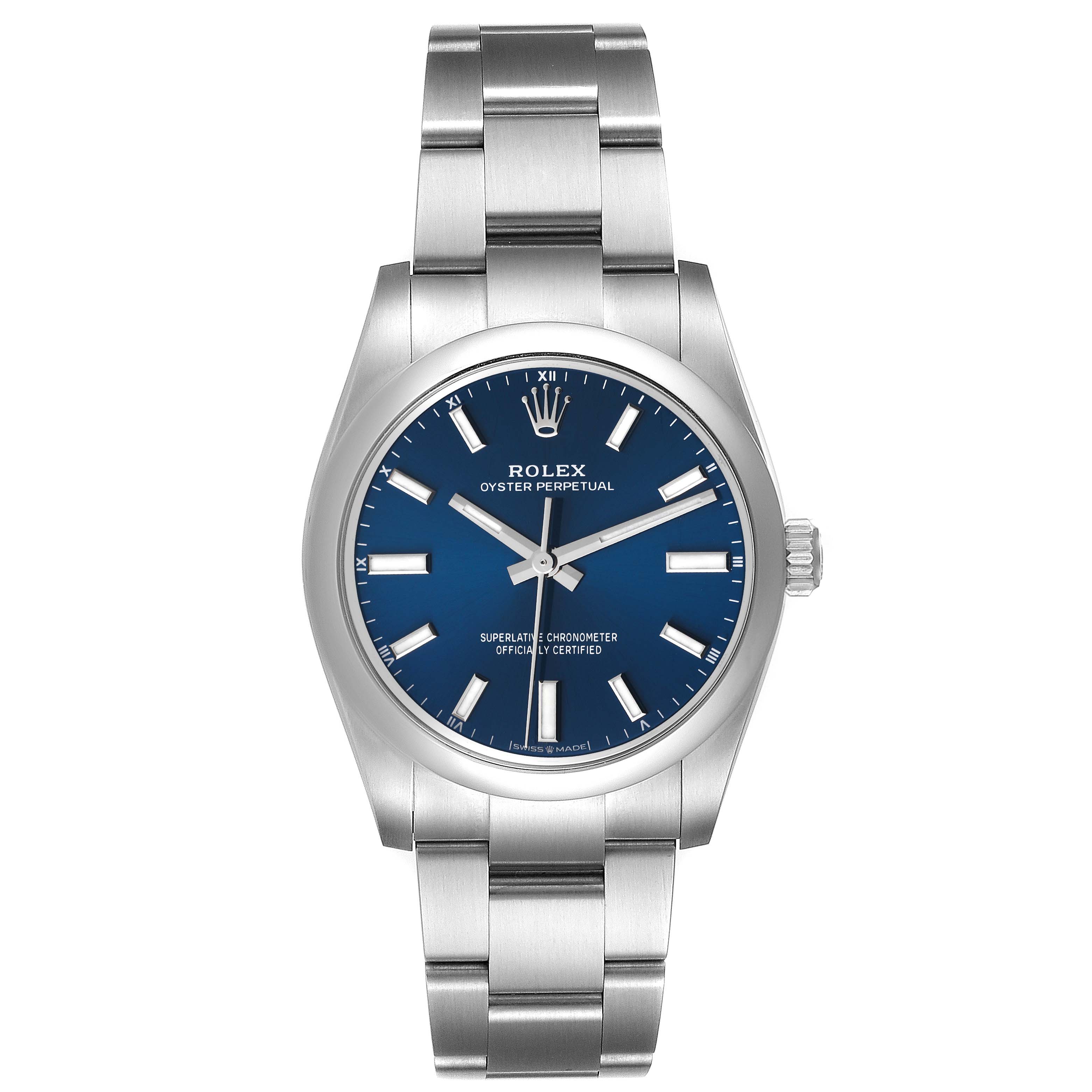 This image shows a front view of a Rolex Oyster Perpetual 124200 Men's Stainless Steel Blue Dial 124200 Men's Stainless Steel Blue Dial watch with a blue dial and stainless steel bracelet.