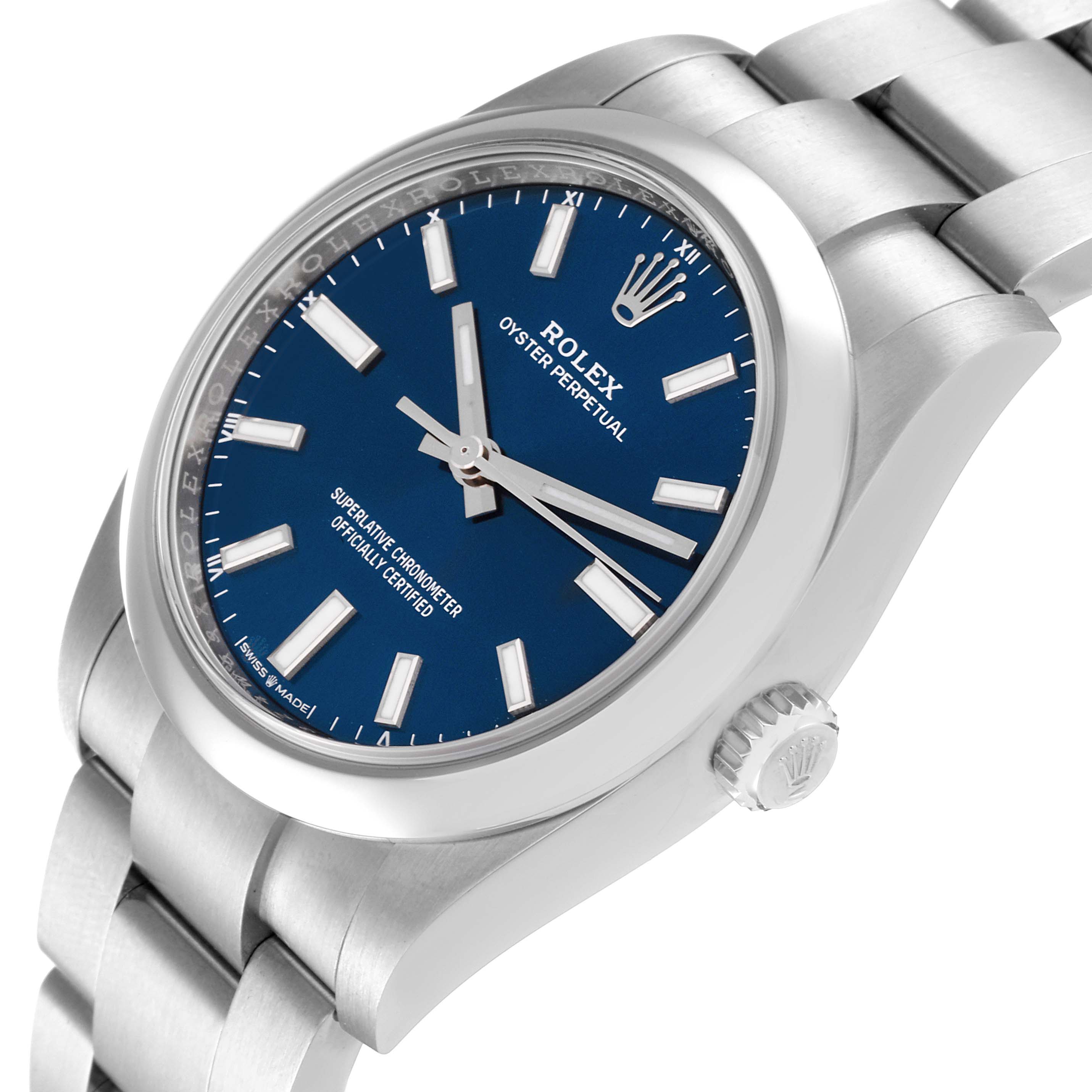The Rolex Oyster Perpetual 124200 Men's Stainless Steel Blue Dial 124200 Men's Stainless Steel Blue Dial watch is shown at an angled view, displaying its blue dial, bezel, crown, and bracelet.