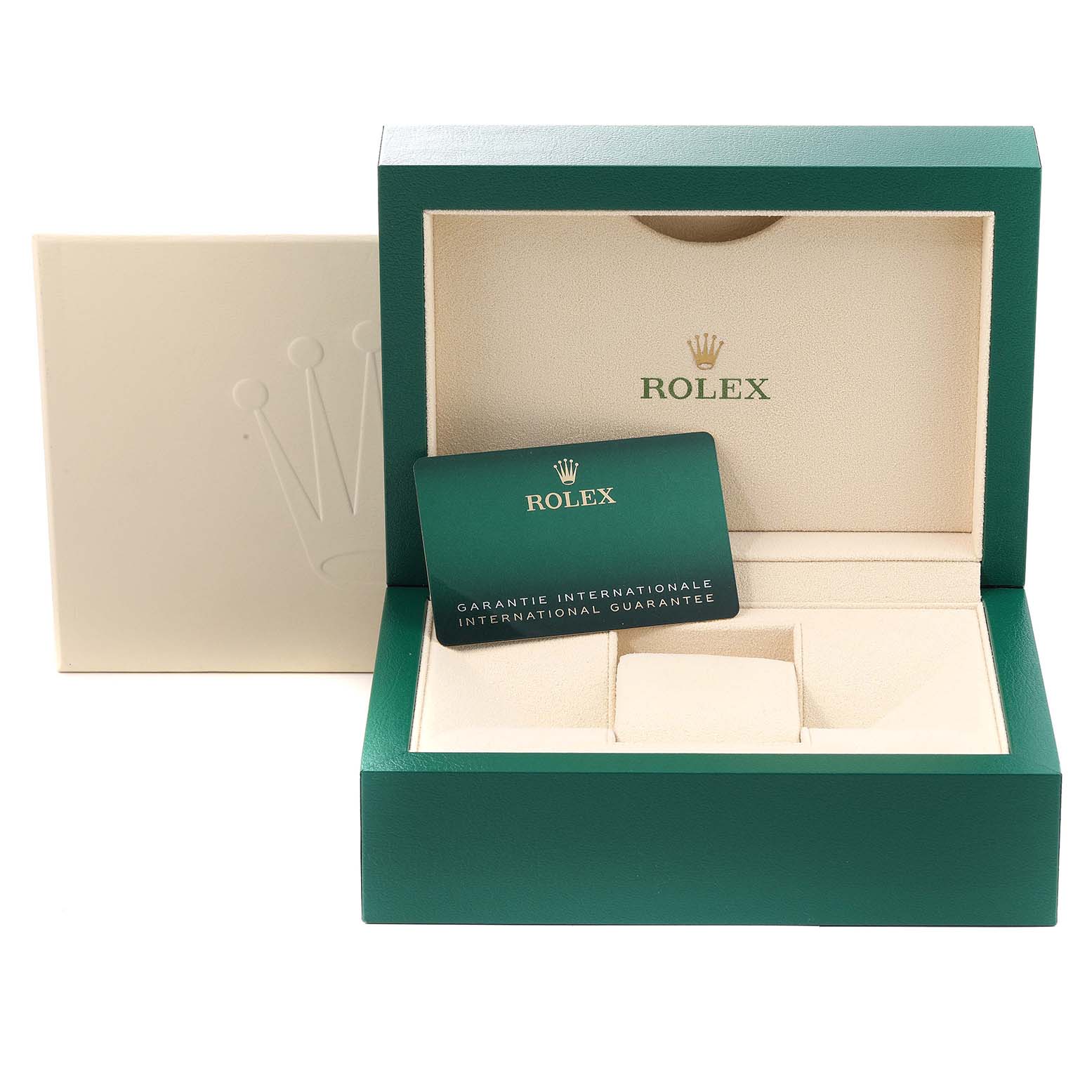 This image shows the open box and international guarantee card for a Rolex Oyster Perpetual 114200 Men's Stainless Steel Burgundy Dial 114200 Men's Stainless Steel Burgundy Dial watch.