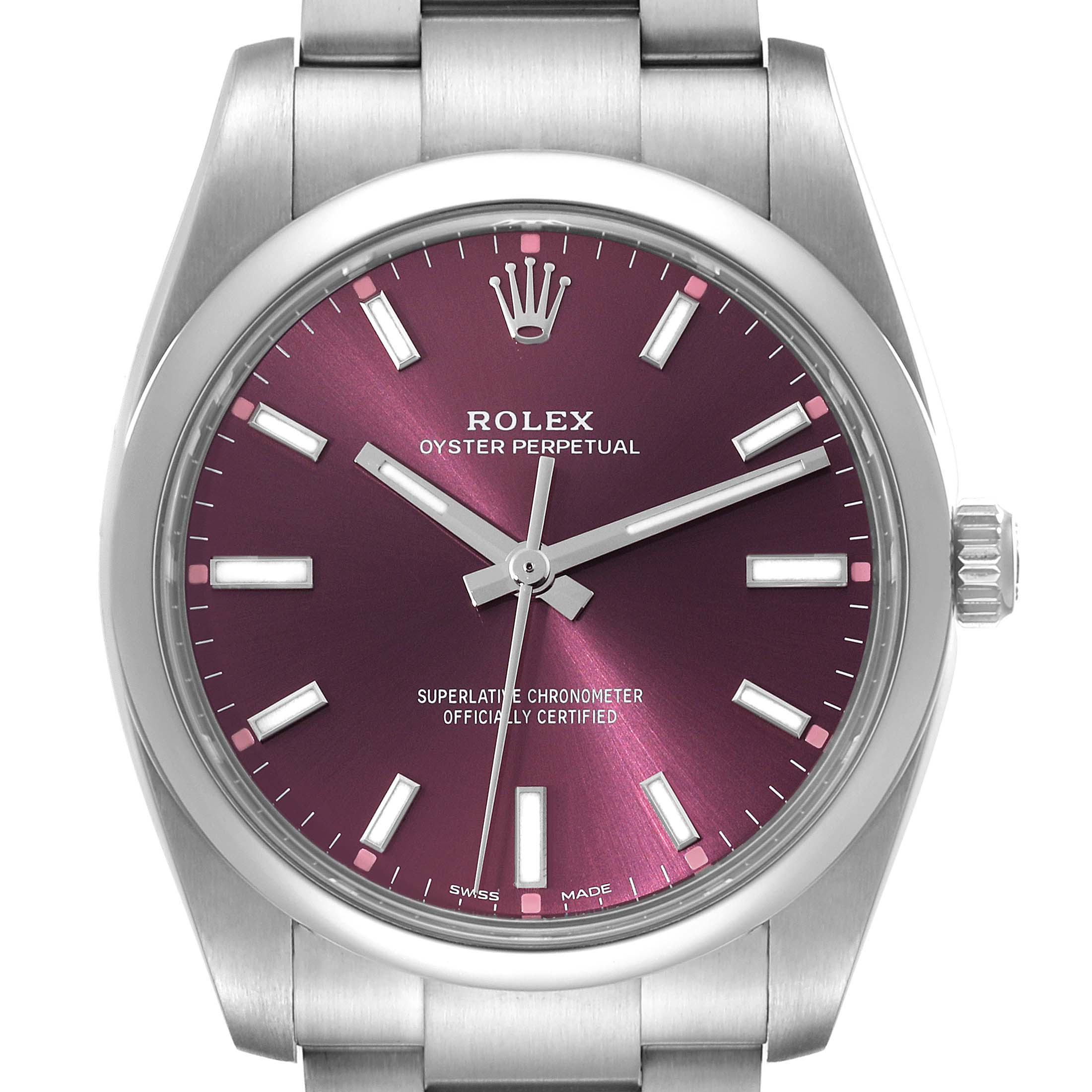 This image shows a front angle of the Rolex Oyster Perpetual 114200 Men's Stainless Steel Burgundy Dial 114200 Men's Stainless Steel Burgundy Dial watch, highlighting its burgundy dial and stainless steel case and bracelet.