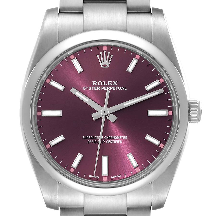 Rolex Oyster Perpetual 34mm Red Grape Dial Steel Mens Watch 114200 Box Card SwissWatchExpo