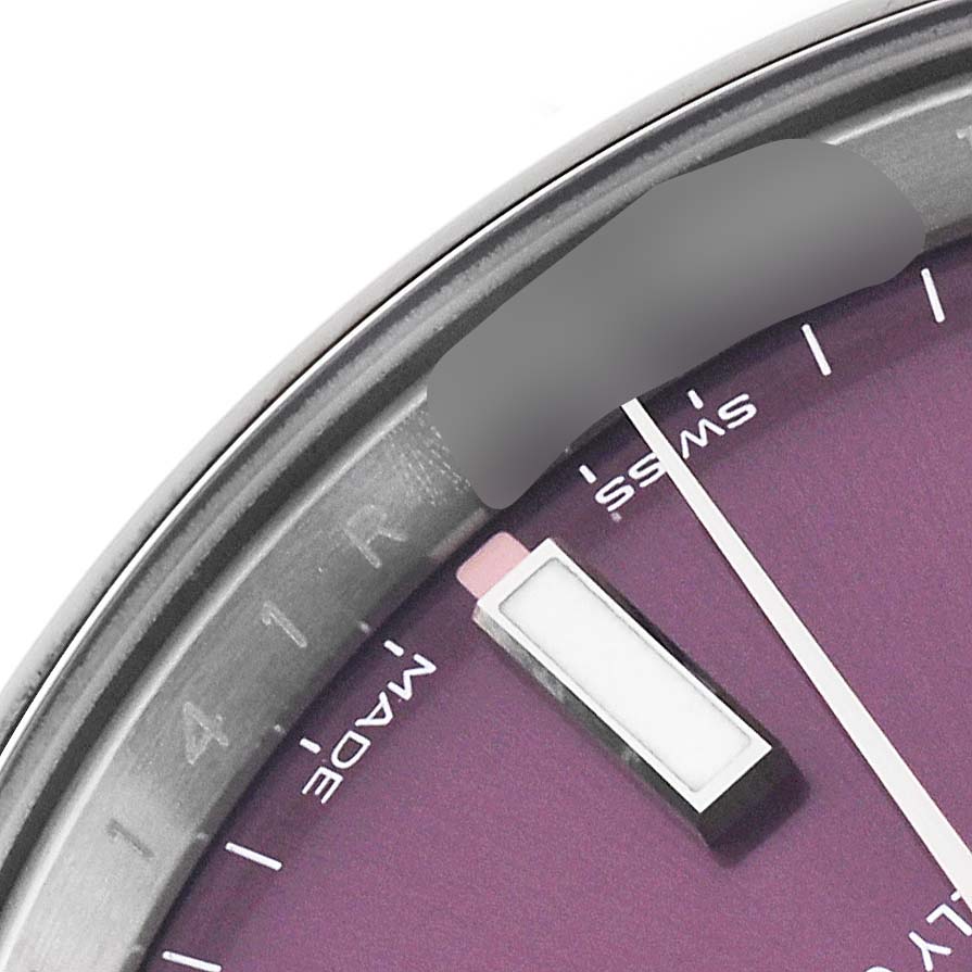 The image shows a close-up of the dial and chapter ring of a Rolex Oyster Perpetual 114200 Men's Stainless Steel Burgundy Dial 114200 Men's Stainless Steel Burgundy Dial watch.
