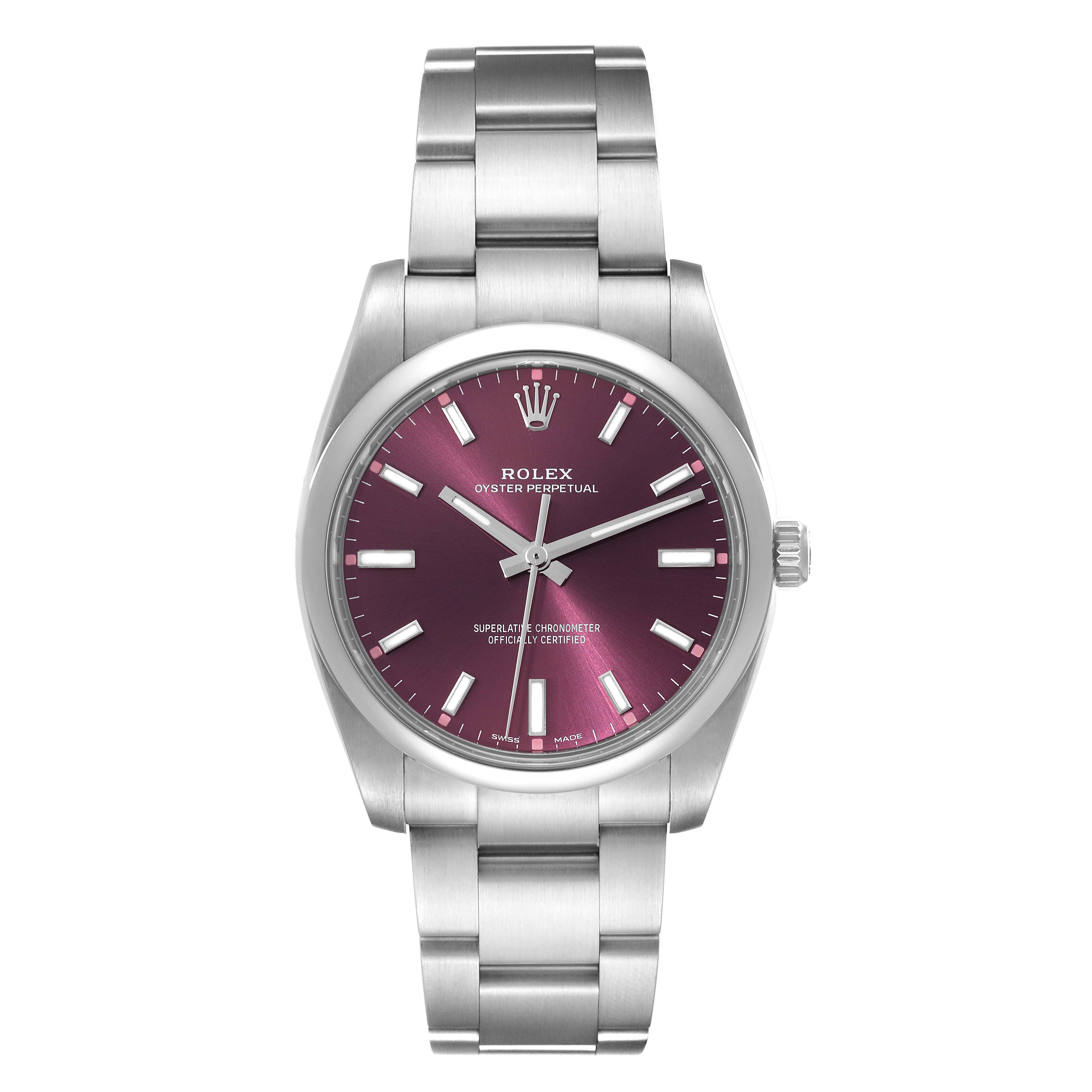 This is a front view of the Rolex Oyster Perpetual 114200 Men's Stainless Steel Burgundy Dial 114200 Men's Stainless Steel Burgundy Dial watch, showing the bracelet, case, and dial with hands and markers.