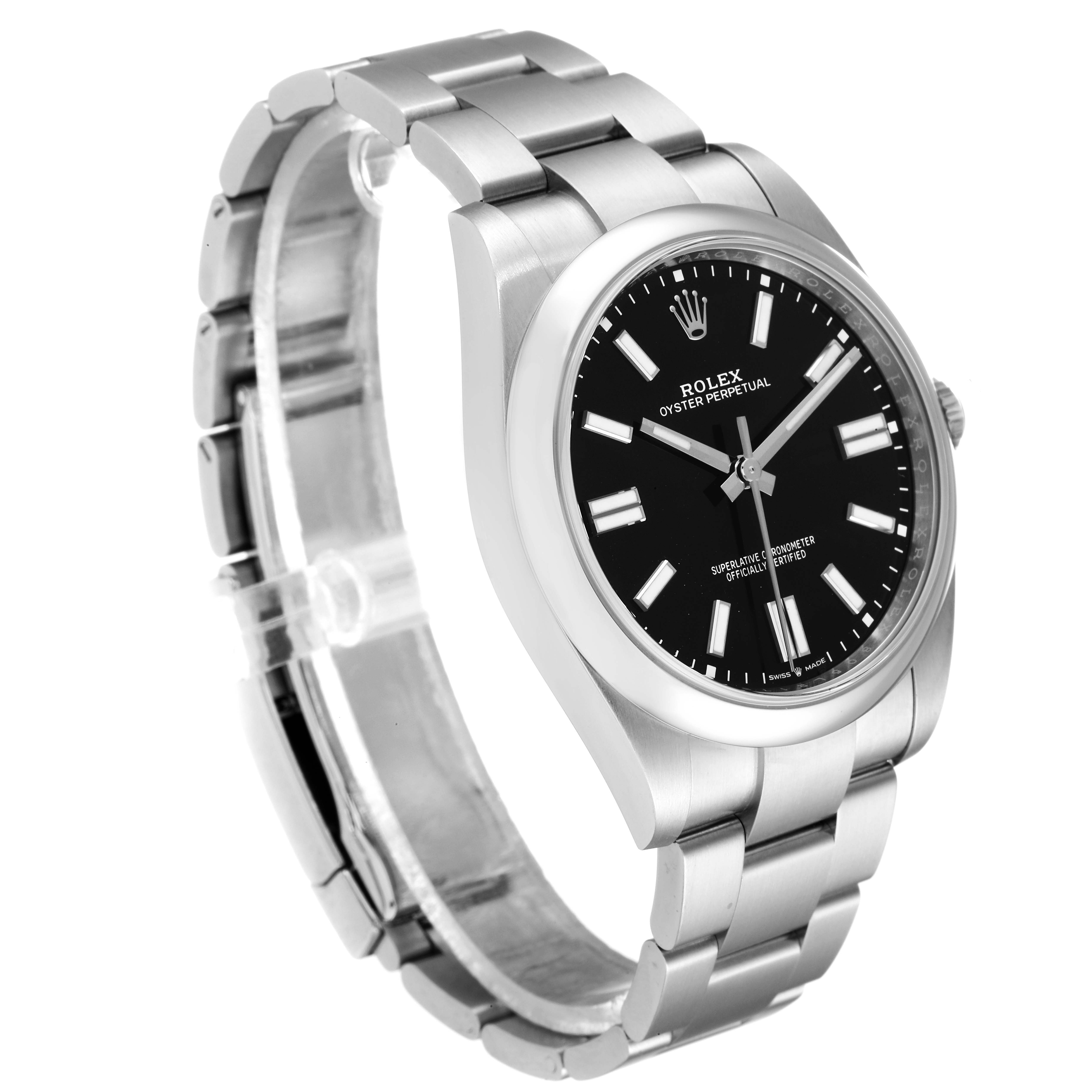 The image shows a Rolex Oyster Perpetual 124300 Men
s Stainless Steel Black Dial 124300 Men
s Stainless Steel Black Dial watch at a slight left-side angle, highlighting the dial, case, and bracelet.