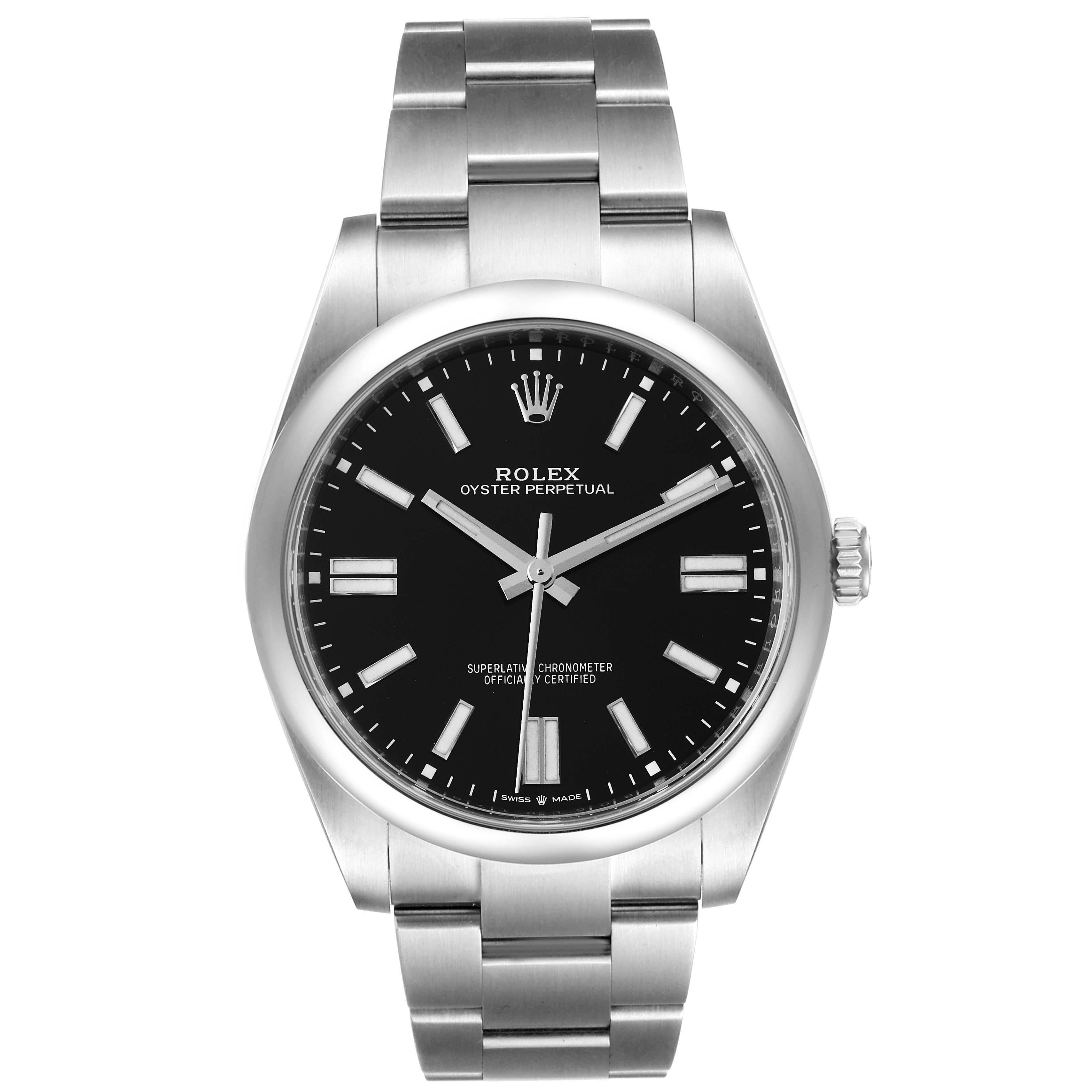 The image shows a front view of the Rolex Oyster Perpetual 124300 Men
s Stainless Steel Black Dial 124300 Men
s Stainless Steel Black Dial watch, highlighting its black dial, silver markers, and stainless steel bracelet.