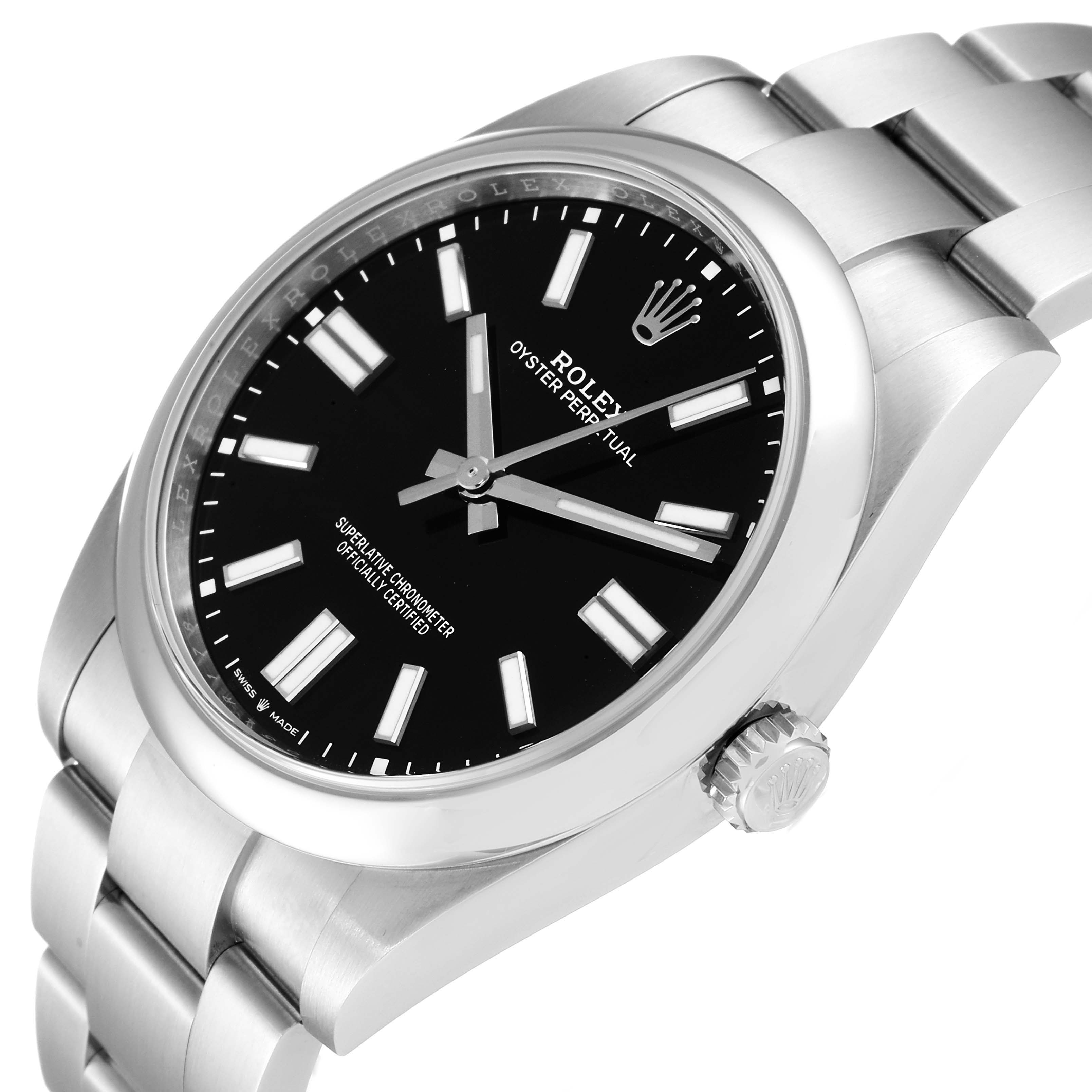 The image shows a Rolex Oyster Perpetual 124300 Men
s Stainless Steel Black Dial 124300 Men
s Stainless Steel Black Dial watch from an angled side view, highlighting the dial, case, crown, and bracelet.