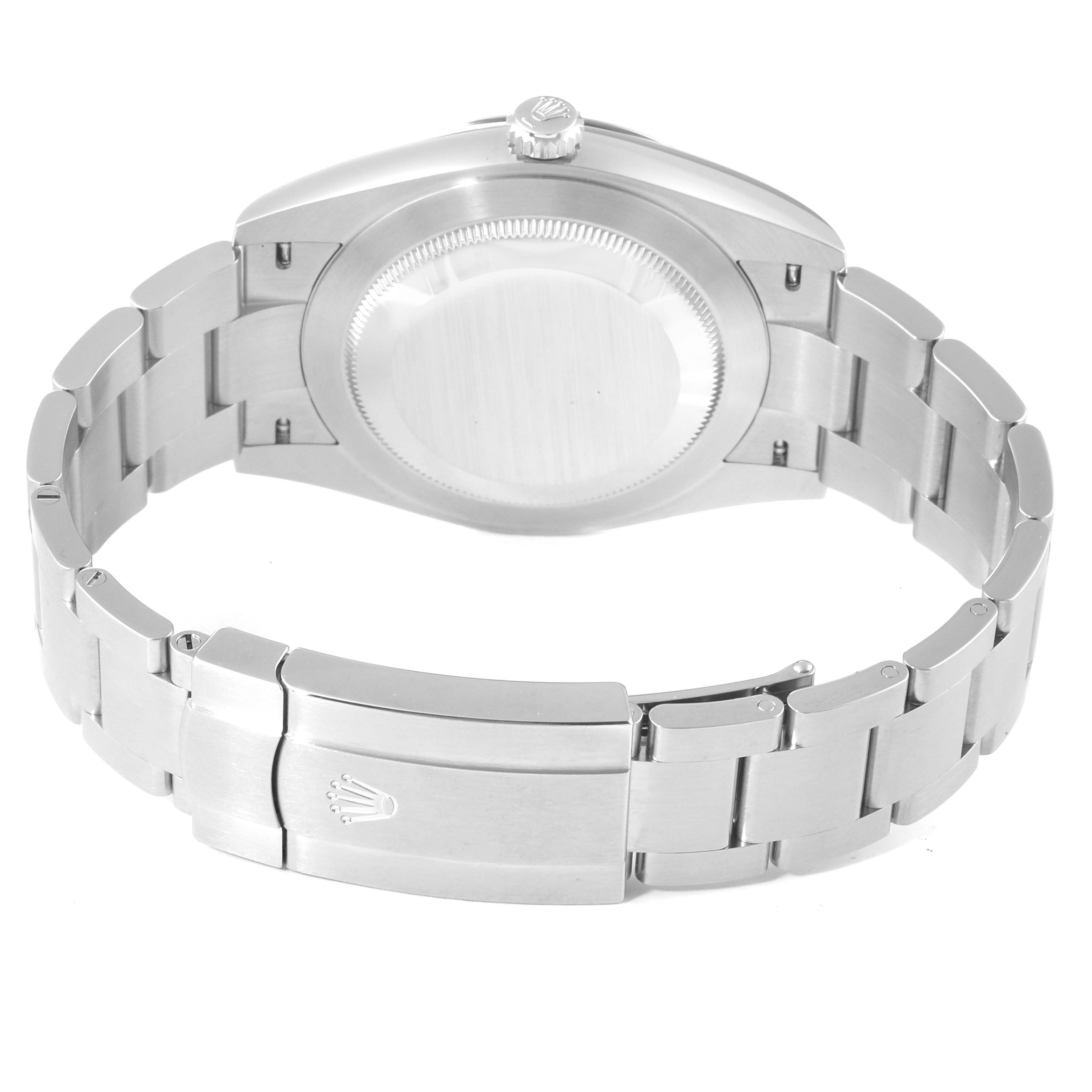 The image shows the back of the Rolex Oyster Perpetual 124300 Men
s Stainless Steel Black Dial 124300 Men
s Stainless Steel Black Dial watch, displaying the case back and the clasp on the bracelet.