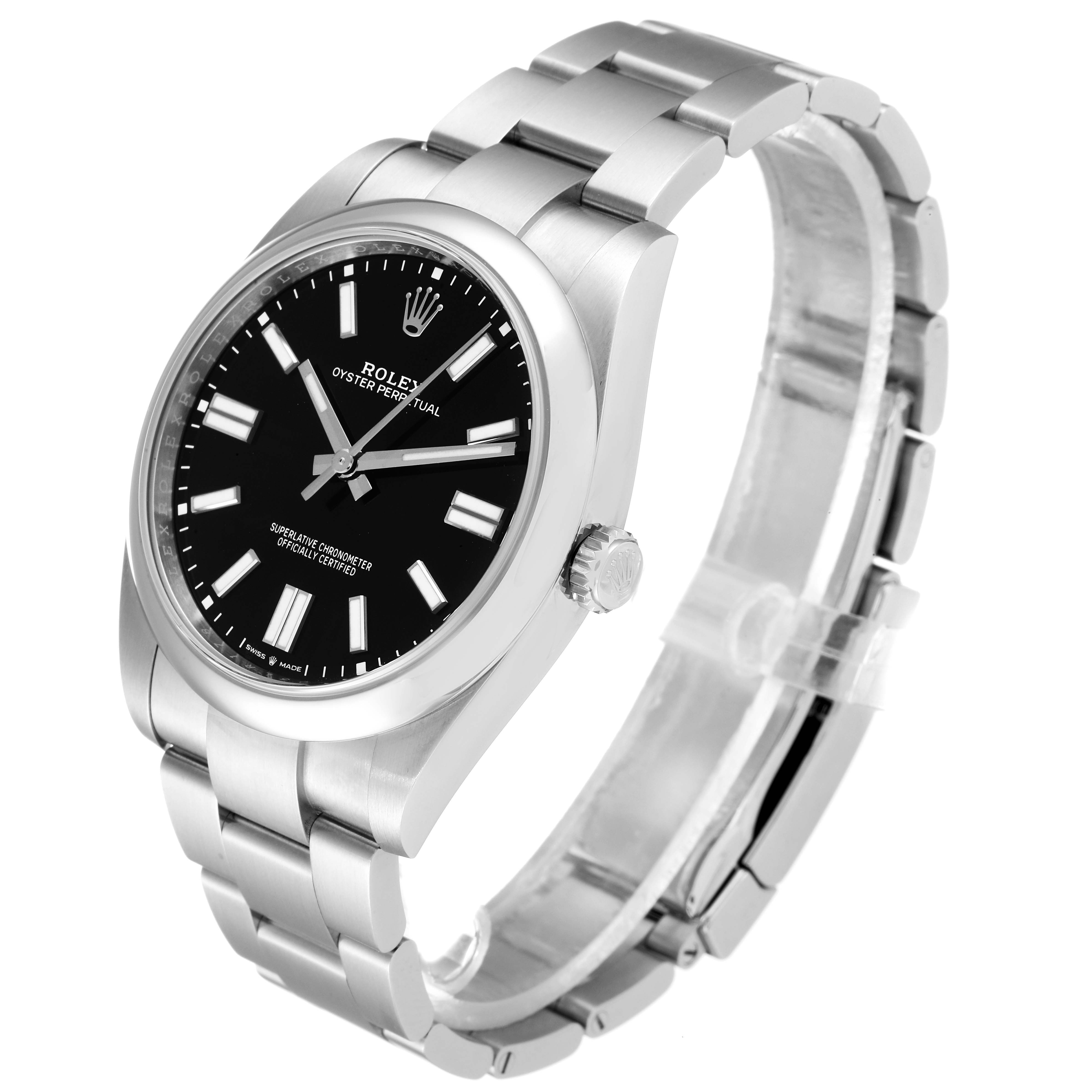 The image showcases the Rolex Oyster Perpetual 124300 Men
s Stainless Steel Black Dial 124300 Men
s Stainless Steel Black Dial watch from a three-quarter angle, displaying the face, bracelet, and crown.