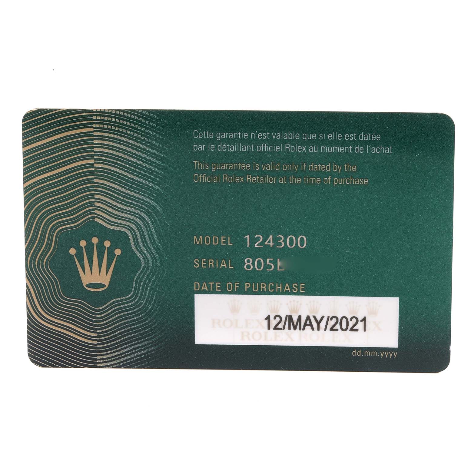 This is a warranty card for a Rolex Oyster Perpetual 124300 Men
s Stainless Steel Black Dial 124300 Men
s Stainless Steel Black Dial model, showing the model number 124300, serial number 805L, and purchase date.