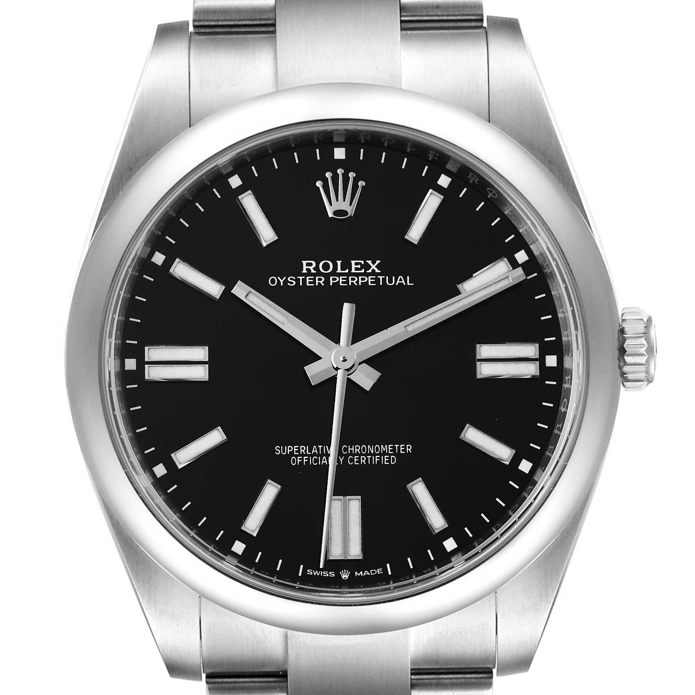 The image shows a front view of the Rolex Oyster Perpetual 124300 Men
s Stainless Steel Black Dial 124300 Men
s Stainless Steel Black Dial watch, highlighting its dial, bezel, case, and part of the bracelet.