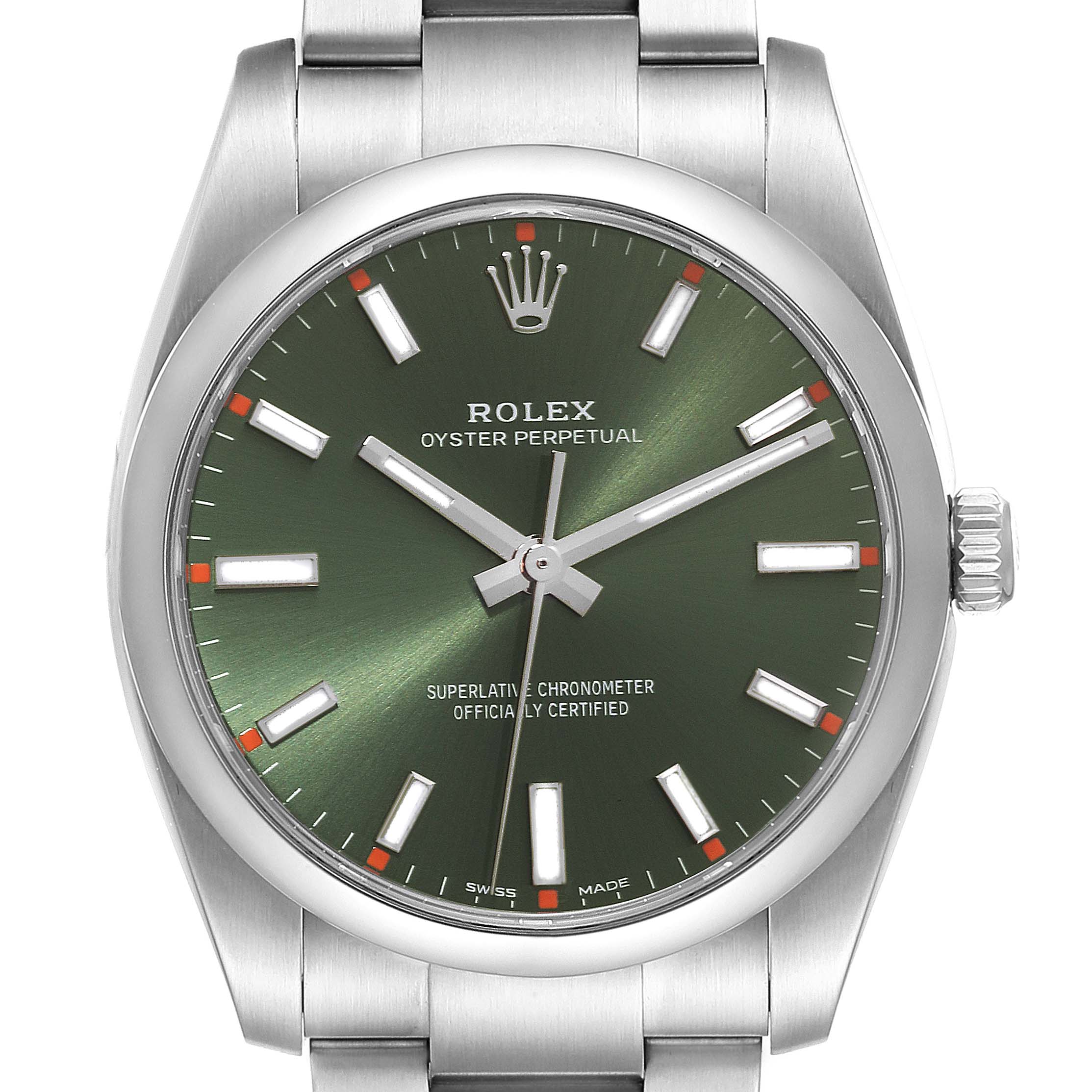 The image shows a front view of a Rolex Oyster Perpetual 114200 Men
s Stainless Steel Green Dial 114200 Men
s Stainless Steel Green Dial watch, highlighting its green dial, hour markers, and stainless steel bracelet.