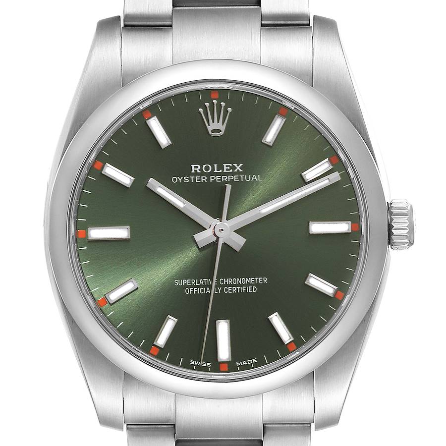 Rolex Oyster Perpetual Olive Green Dial Steel Mens Watch 114200 Box Card SwissWatchExpo