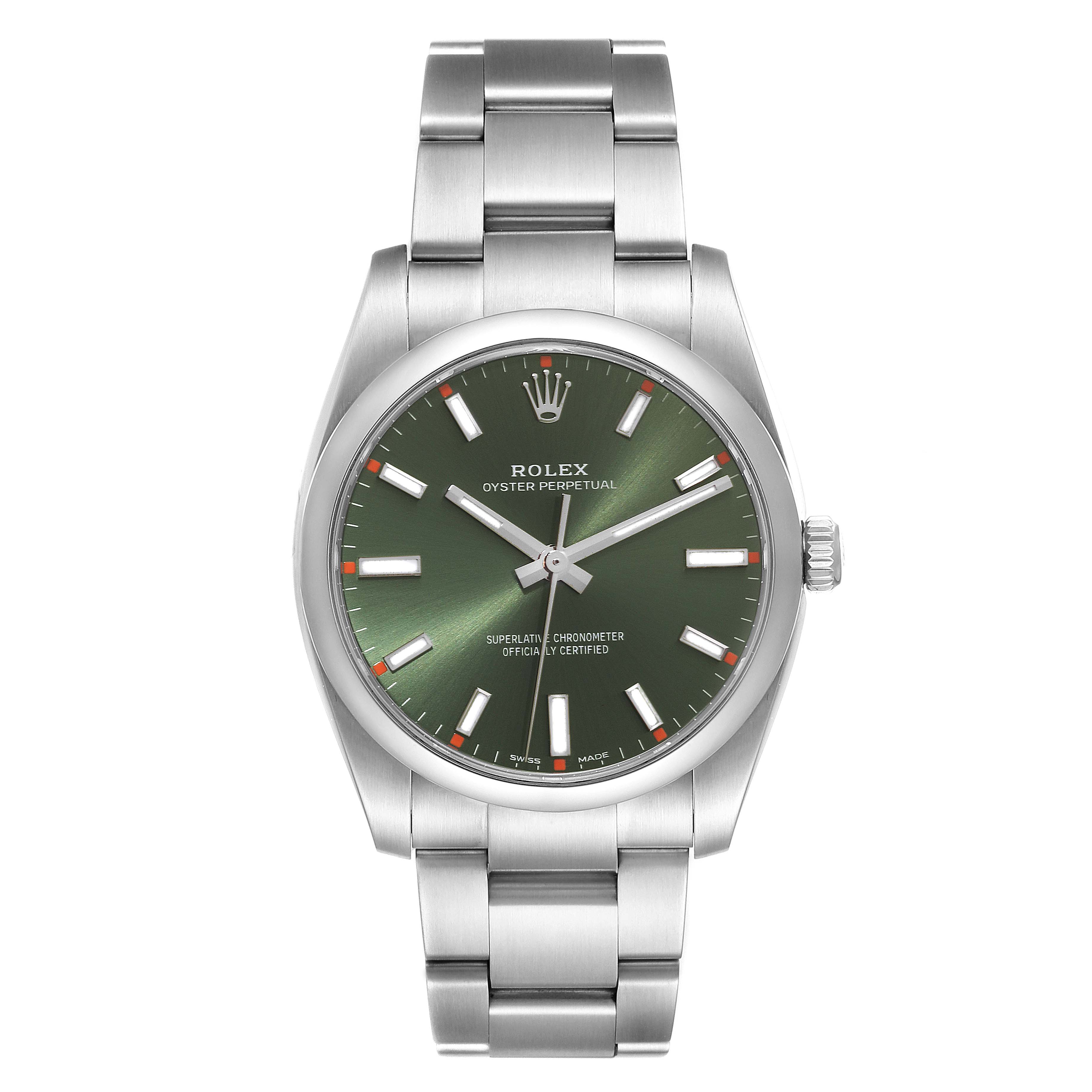 This image shows the front view of a Rolex Oyster Perpetual 114200 Men
s Stainless Steel Green Dial 114200 Men
s Stainless Steel Green Dial watch, including its green dial, silver hands, and stainless steel bracelet.
