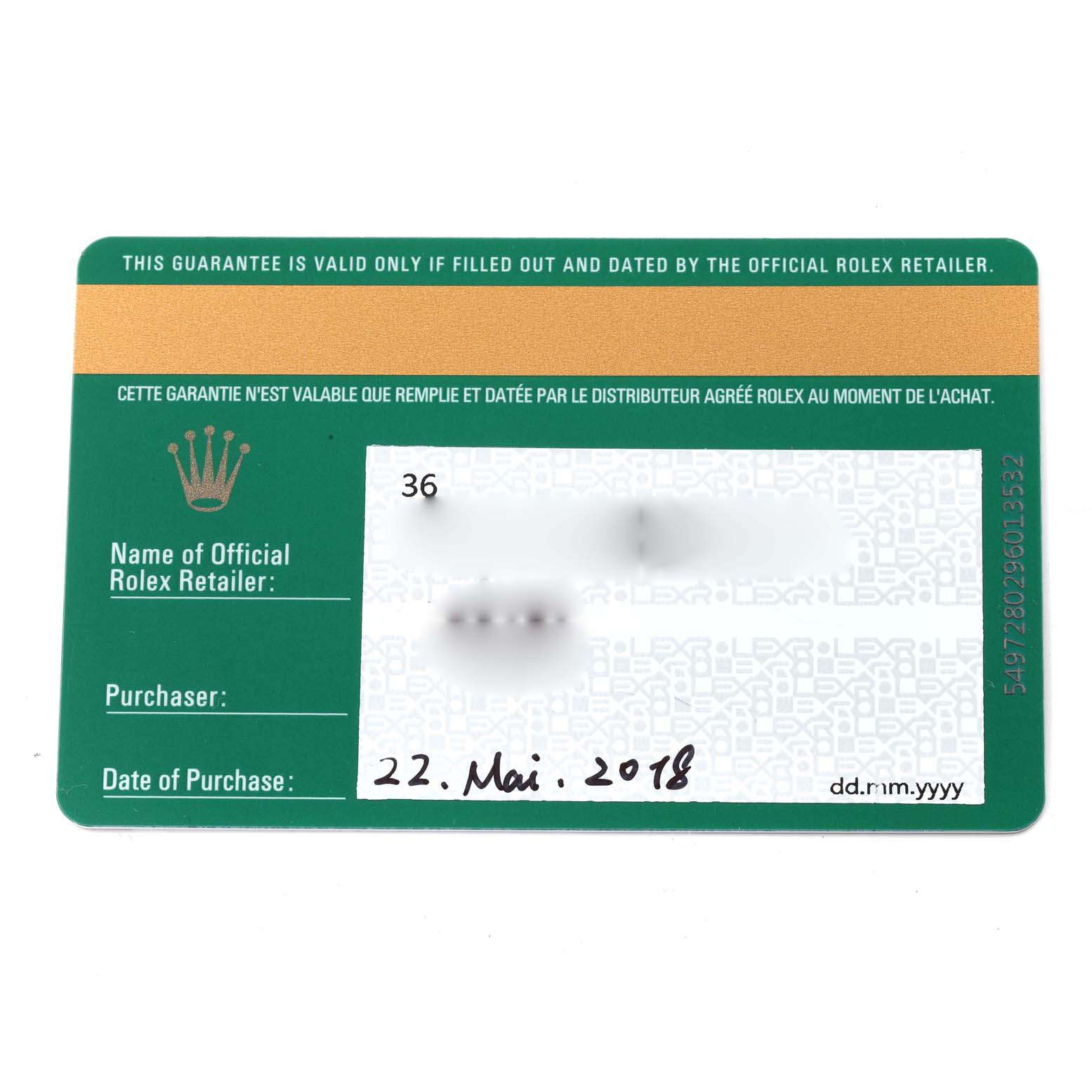 This image shows the front side of a warranty card for a Rolex Oyster Perpetual 114200 Men
s Stainless Steel Green Dial 114200 Men
s Stainless Steel Green Dial model, with purchase details filled in.