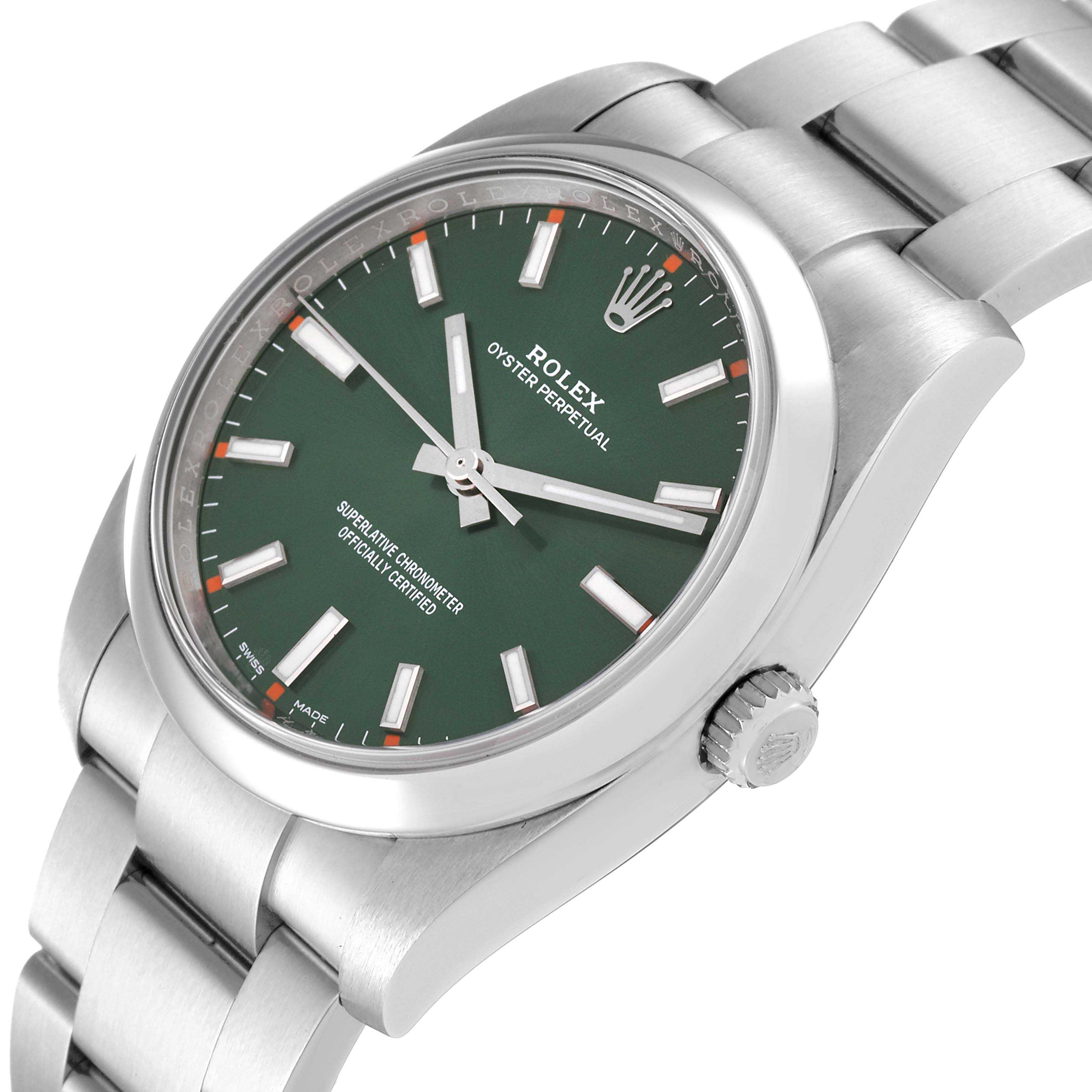 The image shows a side and angled front view of the Rolex Oyster Perpetual 114200 Men
s Stainless Steel Green Dial 114200 Men
s Stainless Steel Green Dial watch, highlighting the green dial and silver bracelet.