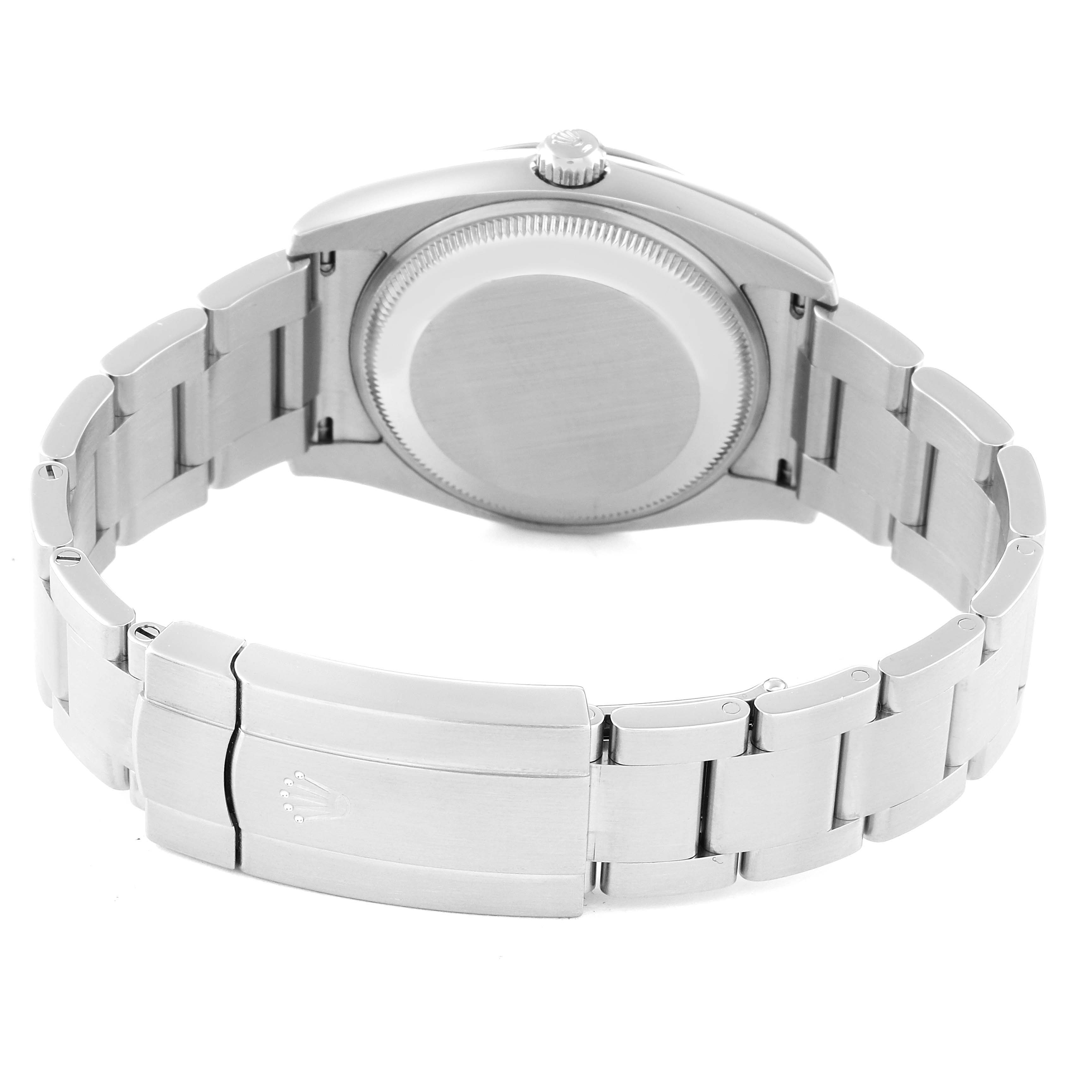 The image shows the back case and bracelet of a Rolex Oyster Perpetual 114200 Men
s Stainless Steel Green Dial 114200 Men
s Stainless Steel Green Dial watch from a rear angle.