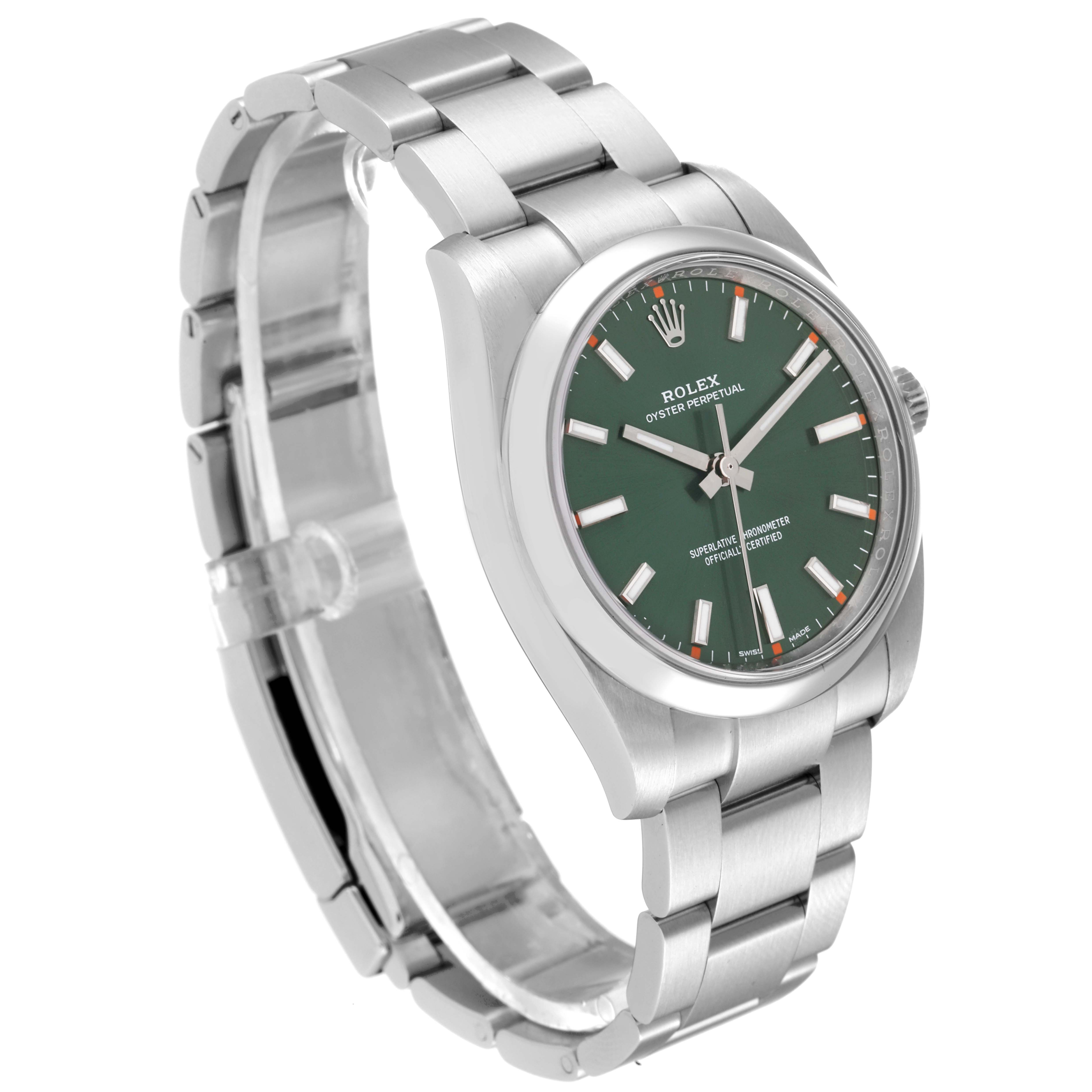 The image shows a Rolex Oyster Perpetual 114200 Men
s Stainless Steel Green Dial 114200 Men
s Stainless Steel Green Dial watch from an angled top-down view, highlighting its green dial and stainless steel bracelet.