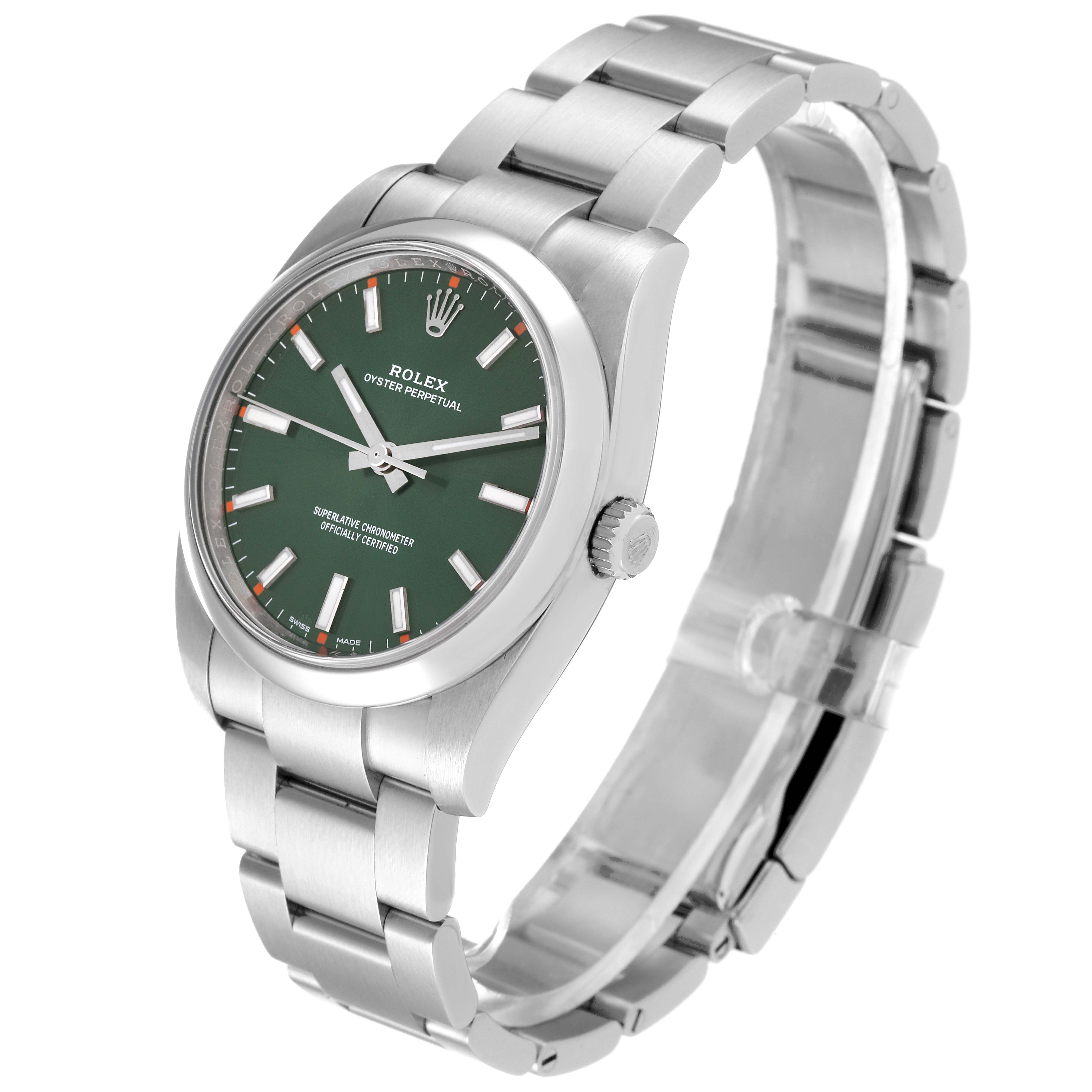 This Rolex Oyster Perpetual 114200 Men
s Stainless Steel Green Dial 114200 Men
s Stainless Steel Green Dial watch is displayed at a three-quarter angle, showing the dial, case, crown, and bracelet.