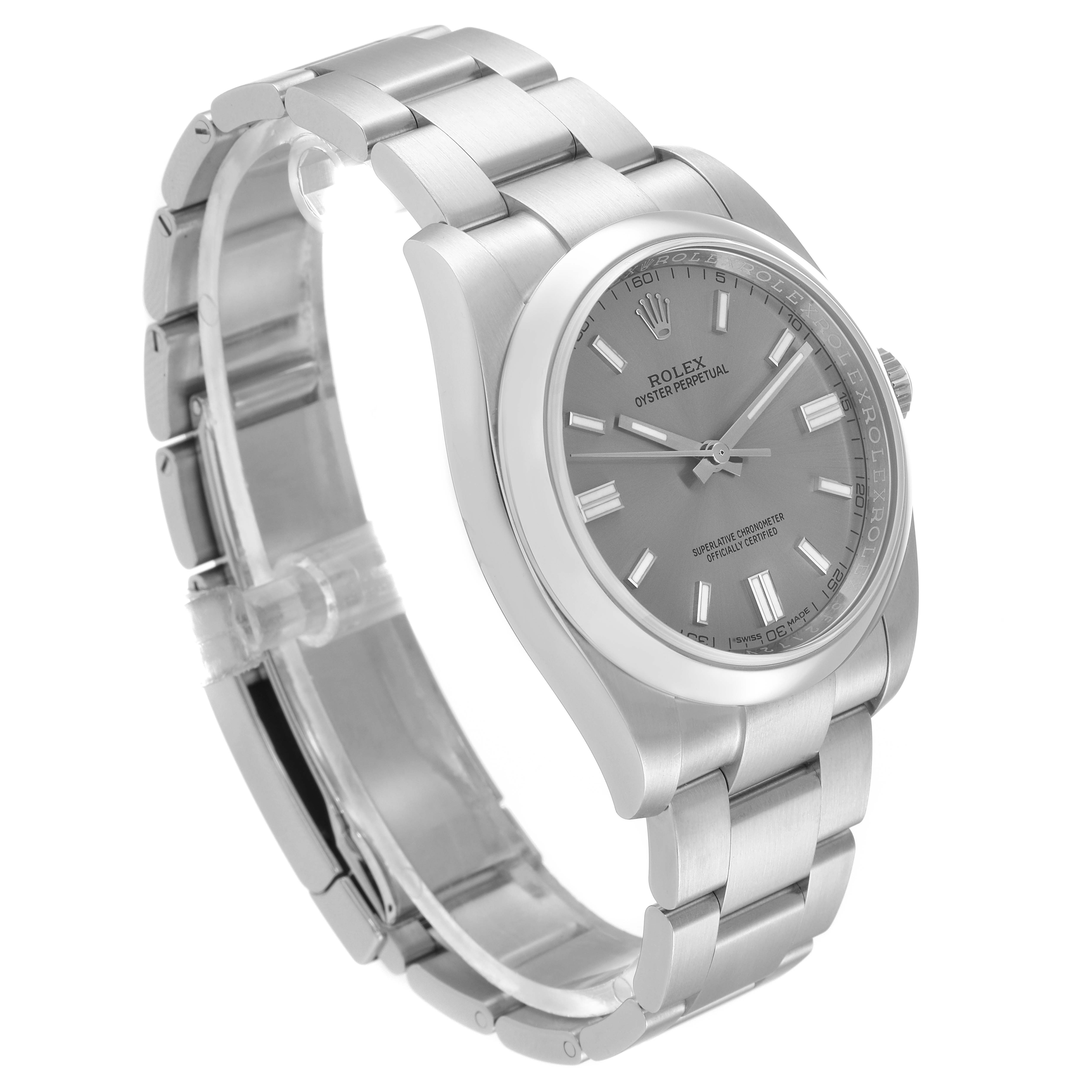 This Rolex Oyster Perpetual 116000 Men's Stainless Steel Grey Dial 116000 Men's Stainless Steel Grey Dial watch is shown at a slight side angle, displaying the dial, bracelet, and clasp.