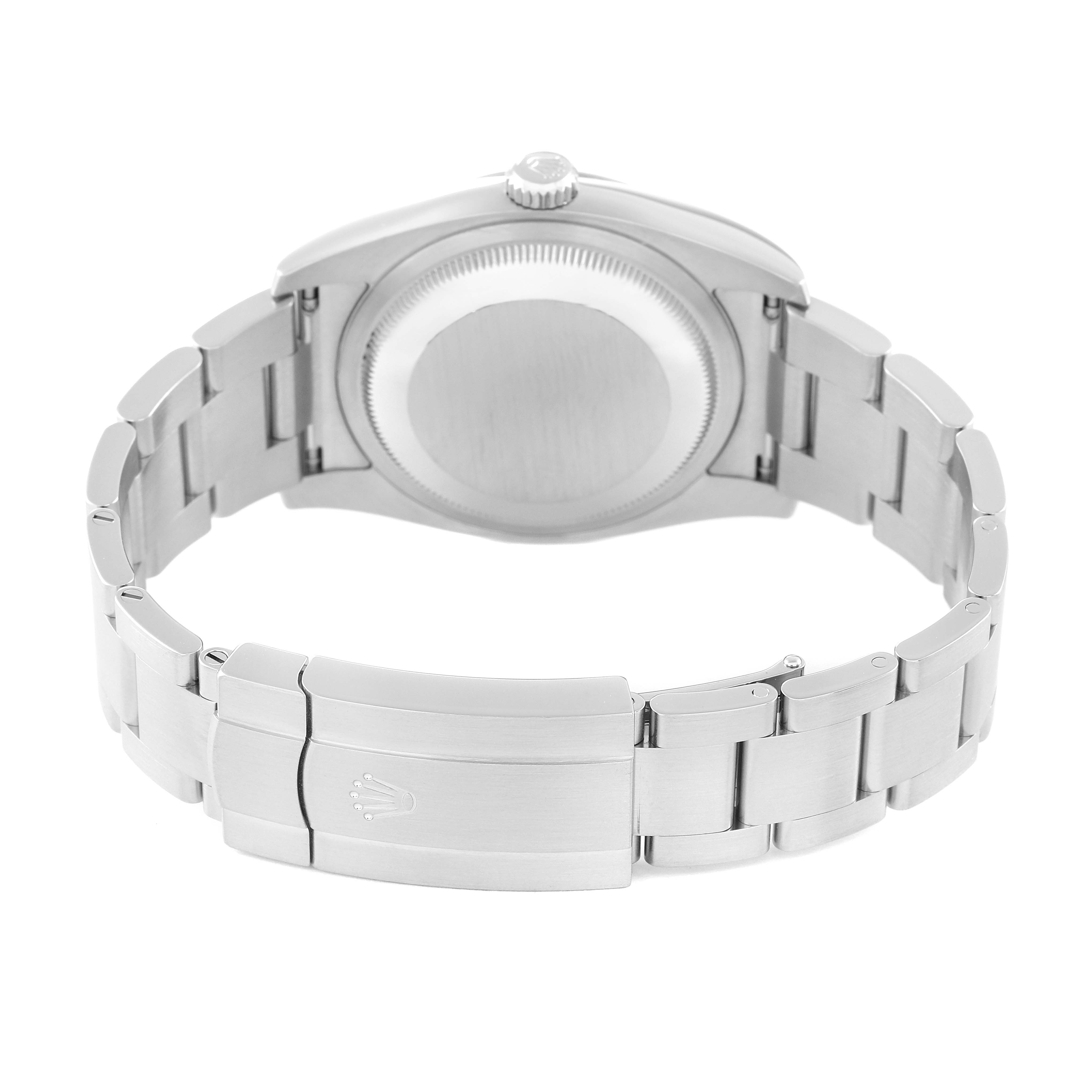 This image shows the back view of the Rolex Oyster Perpetual 116000 Men's Stainless Steel Grey Dial 116000 Men's Stainless Steel Grey Dial watch including its case back and bracelet clasp.