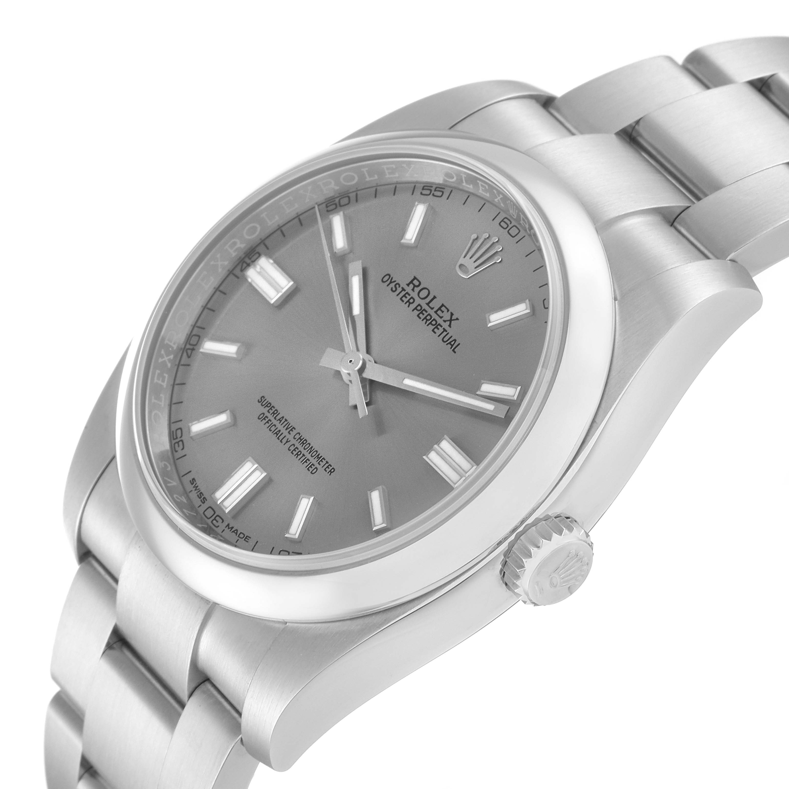 The image shows a side view of the Rolex Oyster Perpetual 116000 Men's Stainless Steel Grey Dial 116000 Men's Stainless Steel Grey Dial watch, highlighting its face, crown, and part of the bracelet.