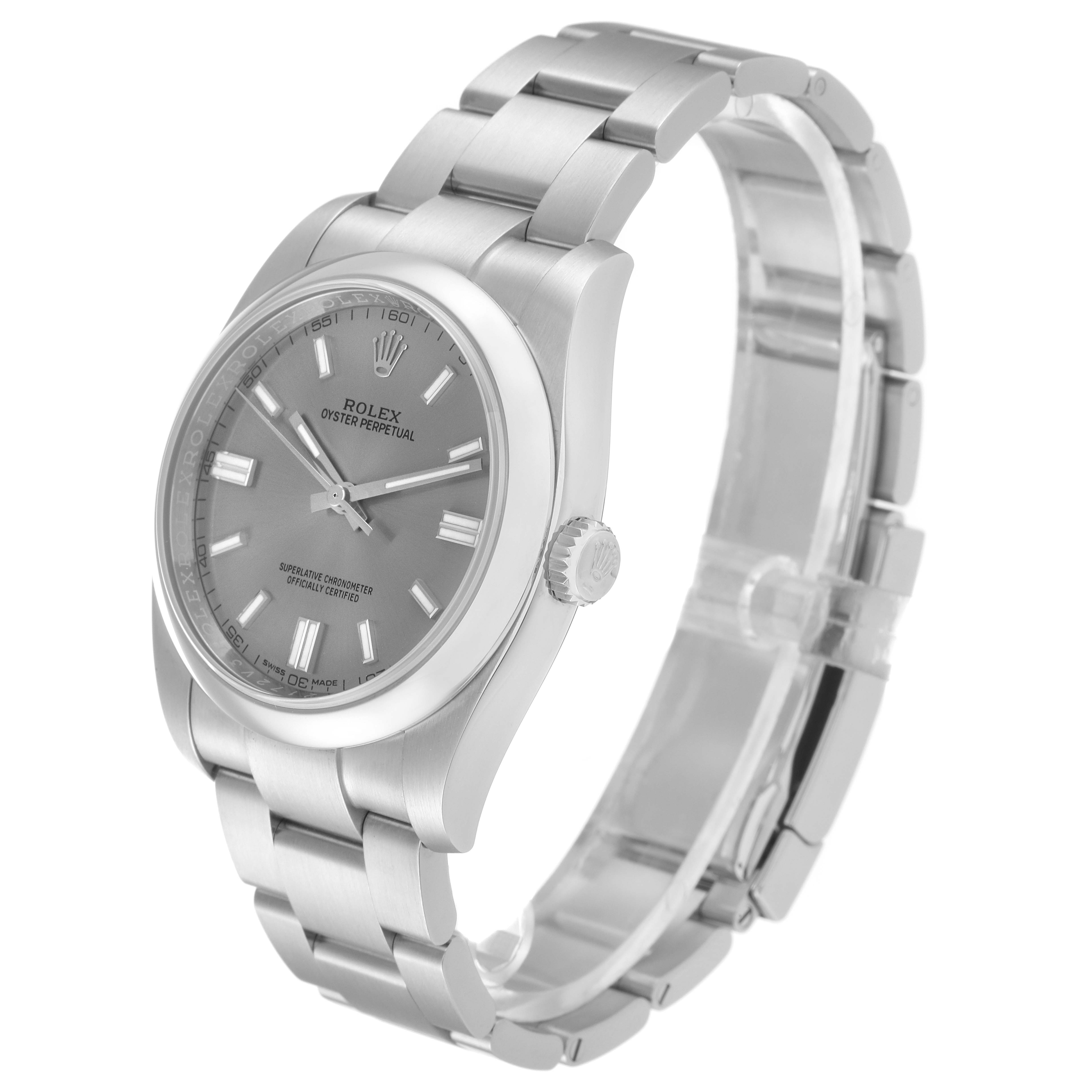 The image shows a side angle of a Rolex Oyster Perpetual 116000 Men's Stainless Steel Grey Dial 116000 Men's Stainless Steel Grey Dial watch, highlighting the dial, bezel, crown, and bracelet.