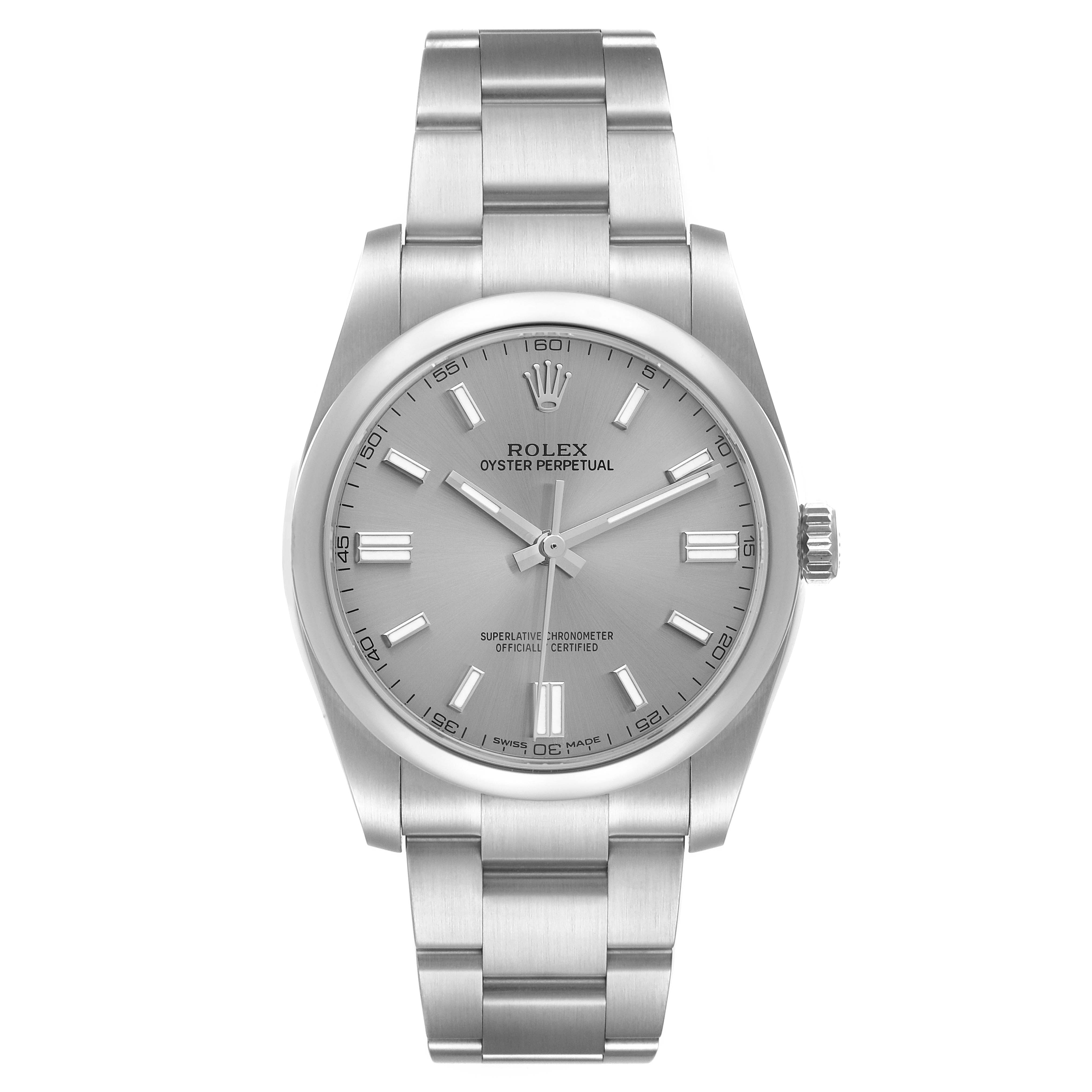 This is a front view of a Rolex Oyster Perpetual 116000 Men's Stainless Steel Grey Dial 116000 Men's Stainless Steel Grey Dial watch showing the dial, bracelet, and crown.