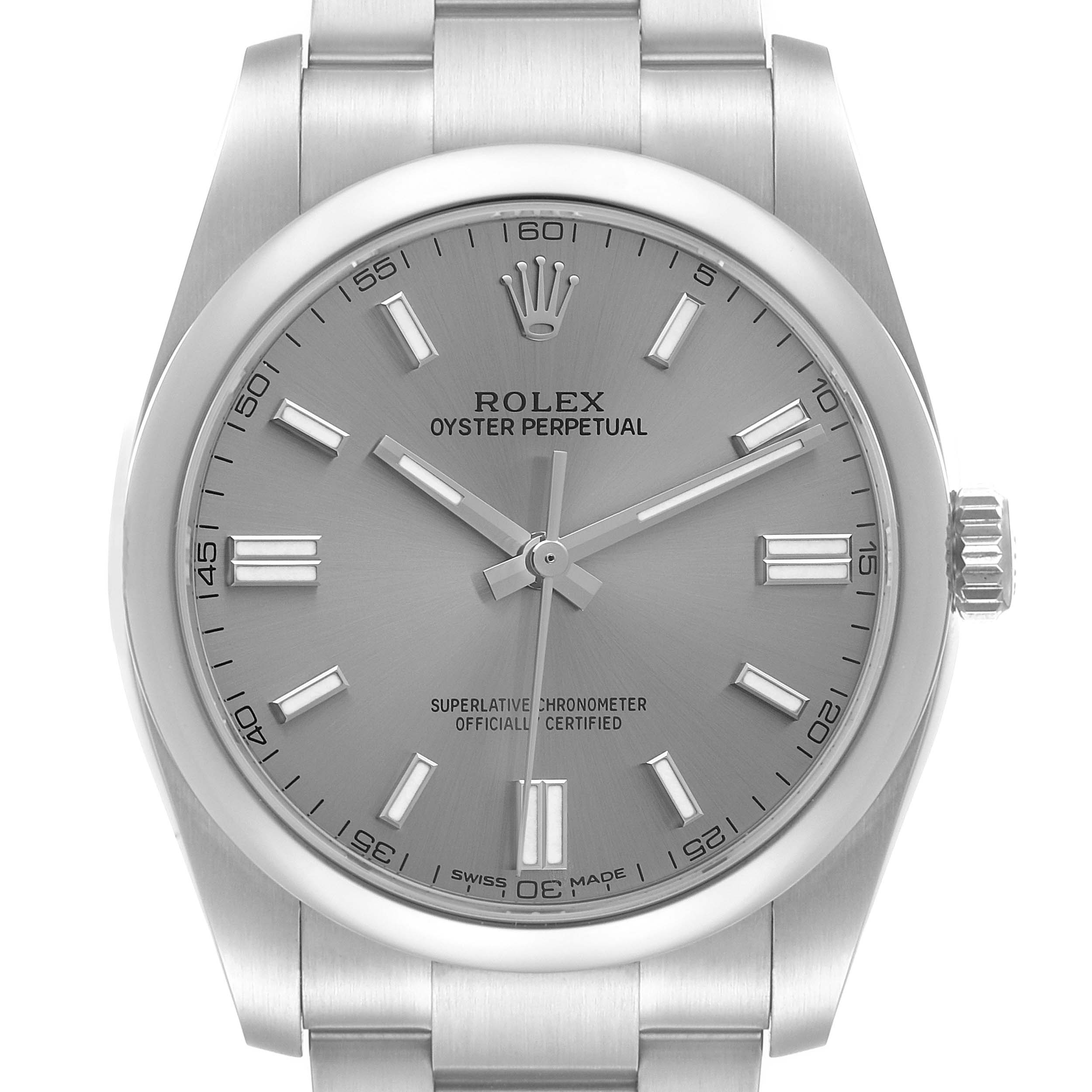 This image shows a front close-up angle of the Rolex Oyster Perpetual 116000 Men's Stainless Steel Grey Dial 116000 Men's Stainless Steel Grey Dial watch, focusing on the dial, crown, and part of the bracelet.