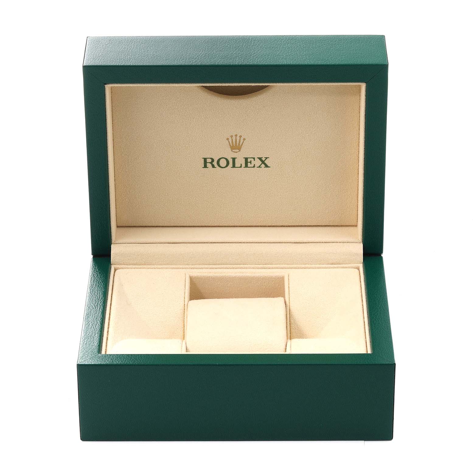 This is an open Rolex watch box for the Oyster Perpetual model, showing the interior with a beige cushion and compartments.