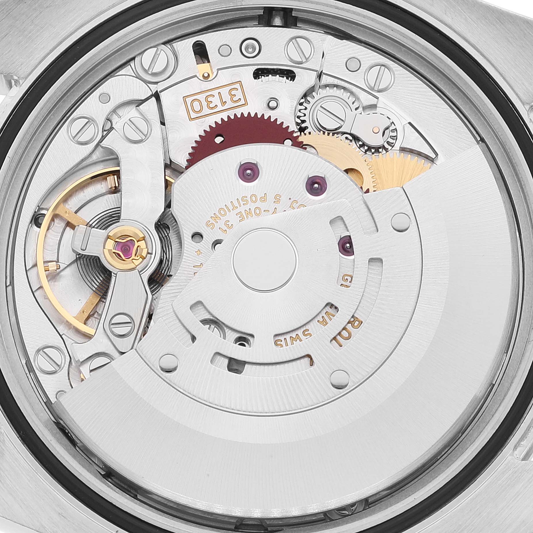 This image shows the internal movement mechanism of the Rolex Oyster Perpetual 116000 Men's Stainless Steel Grey Dial 116000 Men's Stainless Steel Grey Dial watch, viewed from the back.
