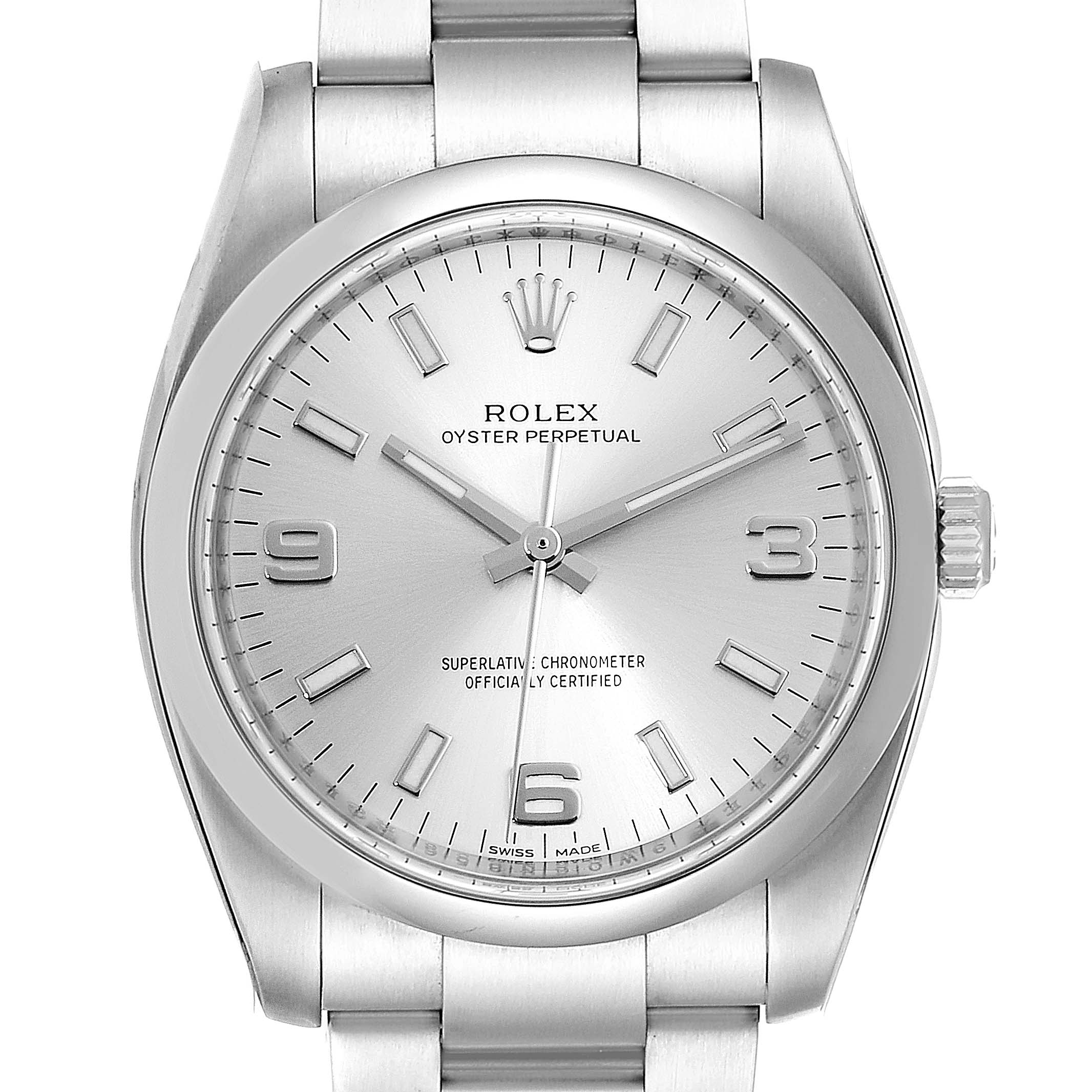 The image shows a front view of the Rolex Oyster Perpetual 114200 Men's Stainless Steel Silver Dial 114200 Men's Stainless Steel Silver Dial watch, highlighting its dial, crown, and bracelet.