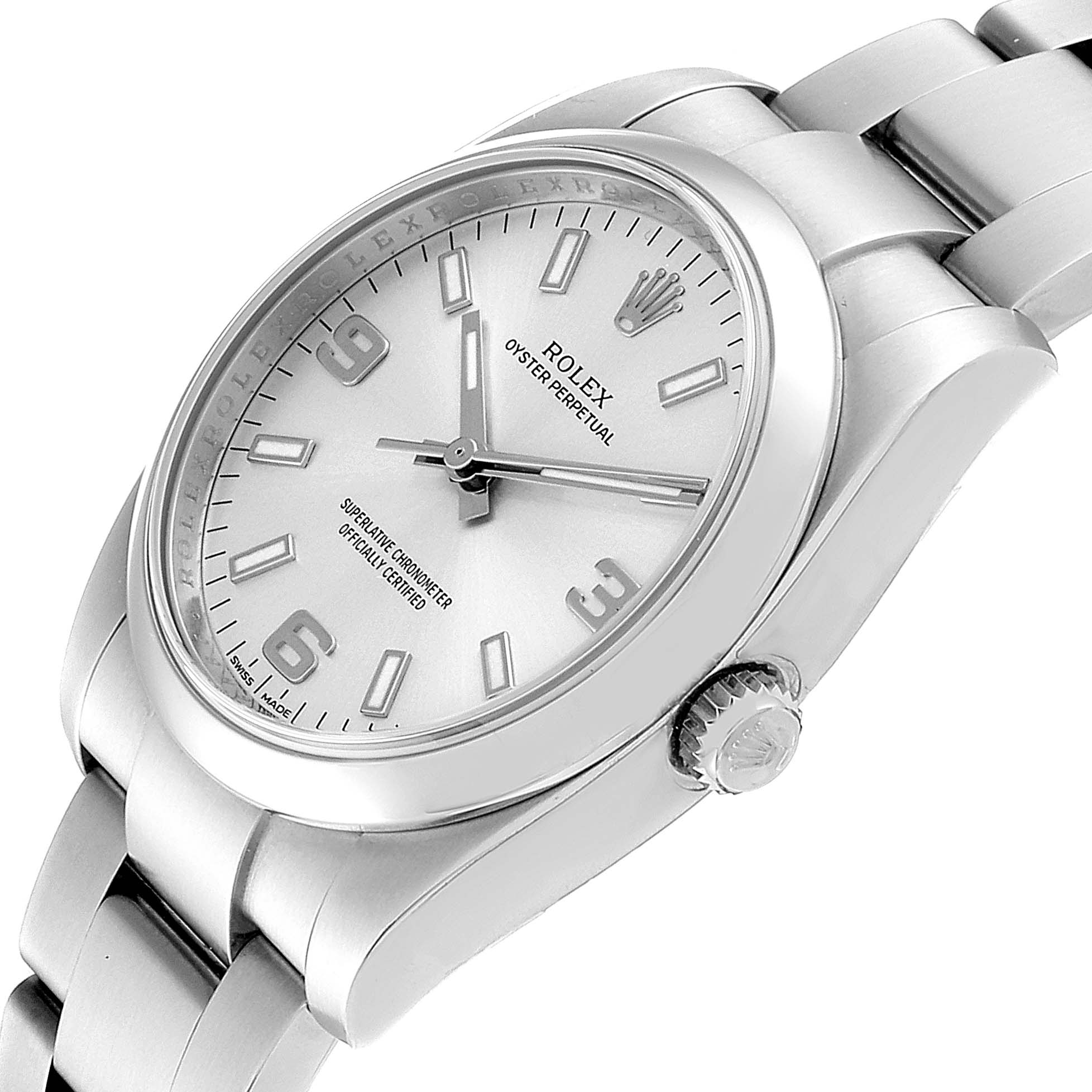 The image shows a close-up, angled view of a Rolex Oyster Perpetual 114200 Men's Stainless Steel Silver Dial 114200 Men's Stainless Steel Silver Dial watch, highlighting the dial, exterior case, and part of the bracelet.