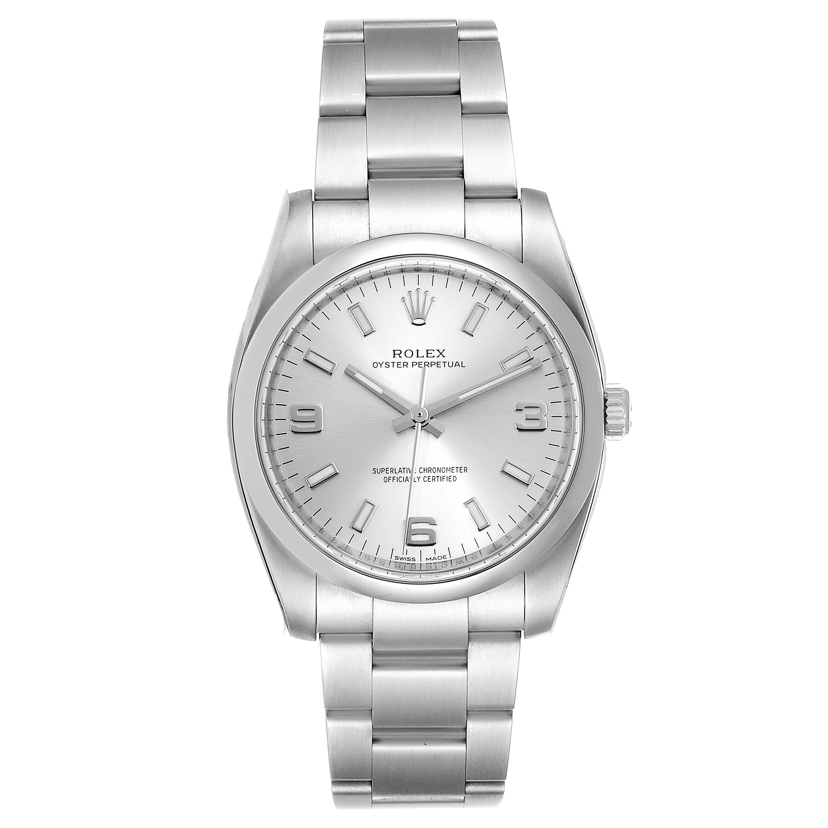 This image shows the front view of the Rolex Oyster Perpetual 114200 Men's Stainless Steel Silver Dial 114200 Men's Stainless Steel Silver Dial watch, highlighting its face, bezel, crown, and bracelet.
