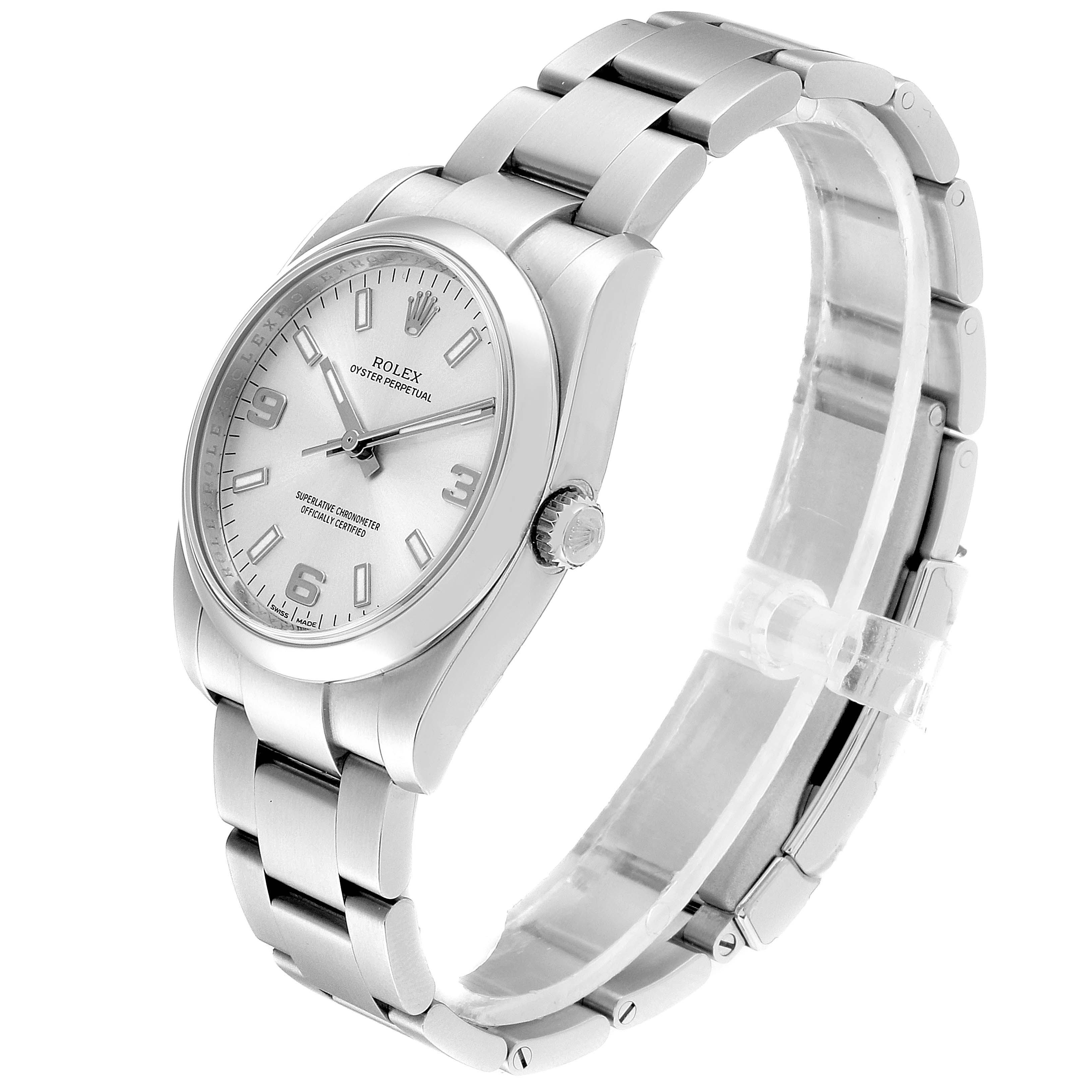 The Rolex Oyster Perpetual 114200 Men's Stainless Steel Silver Dial 114200 Men's Stainless Steel Silver Dial watch is shown at a three-quarter angle, highlighting the face and bracelet.