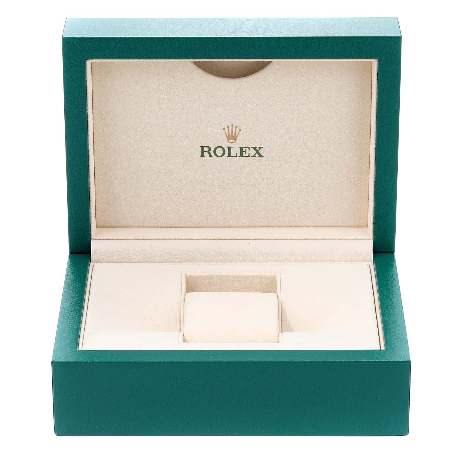 This is an open Rolex watch box for the Oyster Perpetual model, showing the brand logo inside.