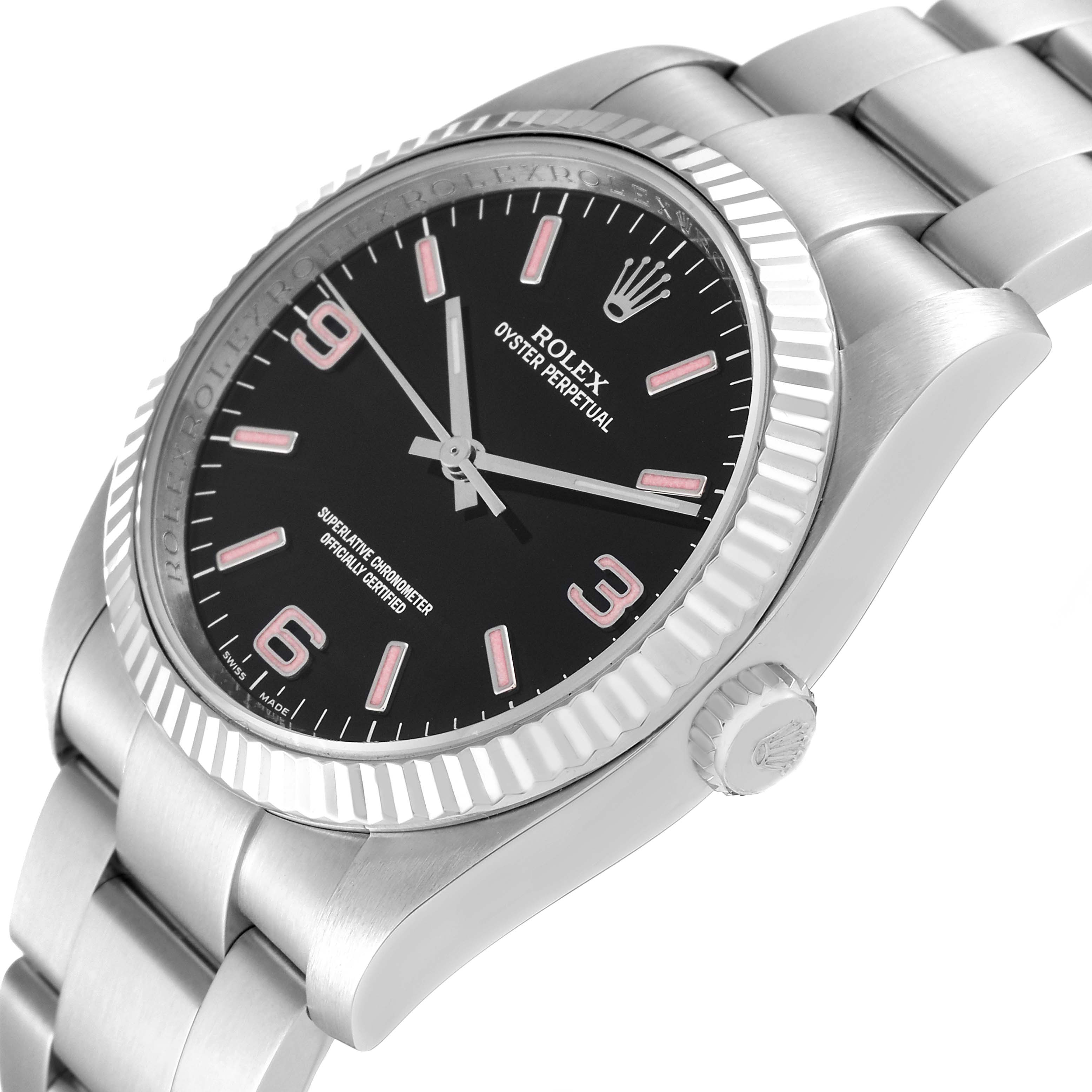 The image shows the Rolex Oyster Perpetual 116034 Men's Stainless Steel Black Dial 116034 Men's Stainless Steel Black Dial watch angled to display the dial, bezel, and part of the bracelet.
