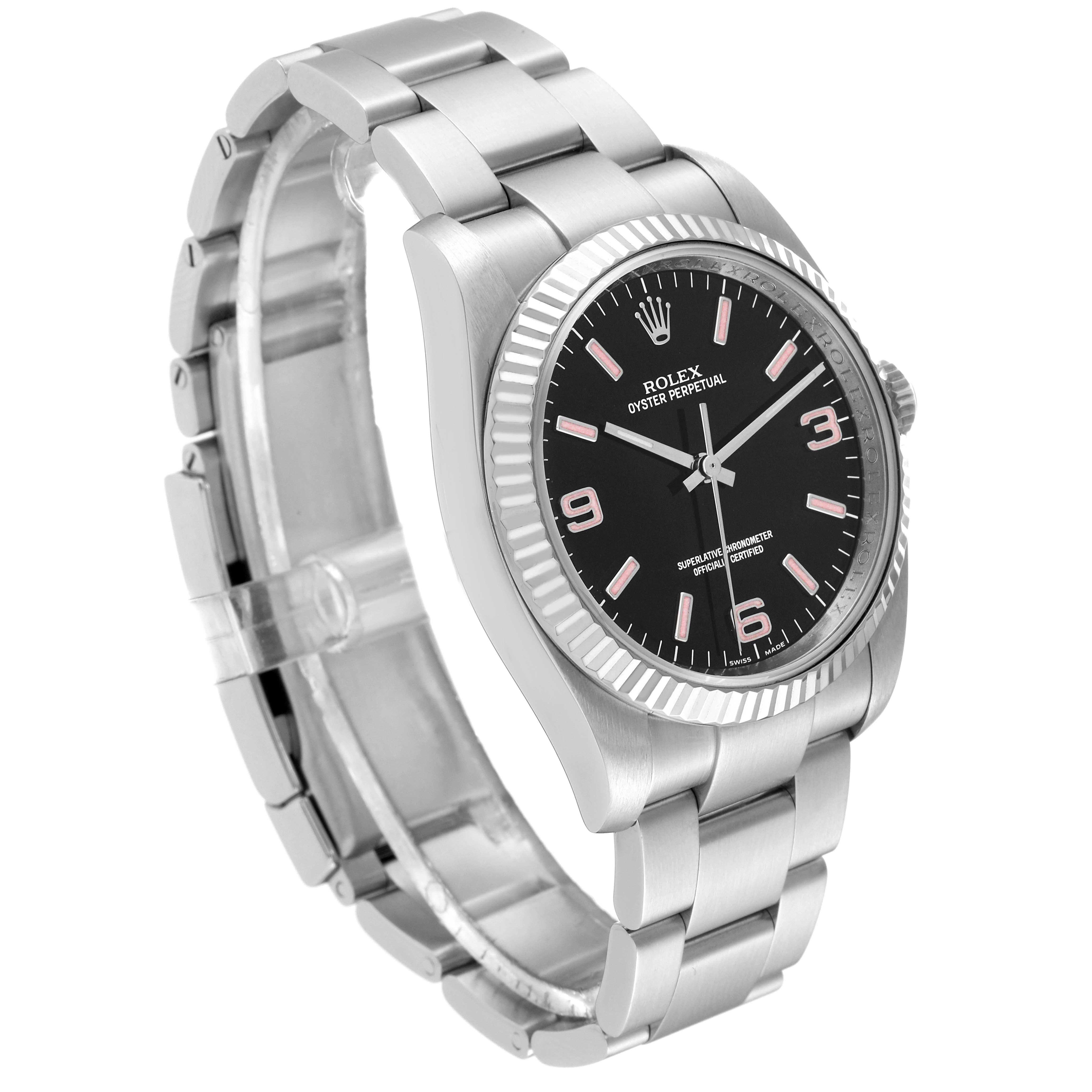 This image shows a Rolex Oyster Perpetual 116034 Men's Stainless Steel Black Dial 116034 Men's Stainless Steel Black Dial watch at a side angle, highlighting its black dial, silver fluted bezel, and metal bracelet.