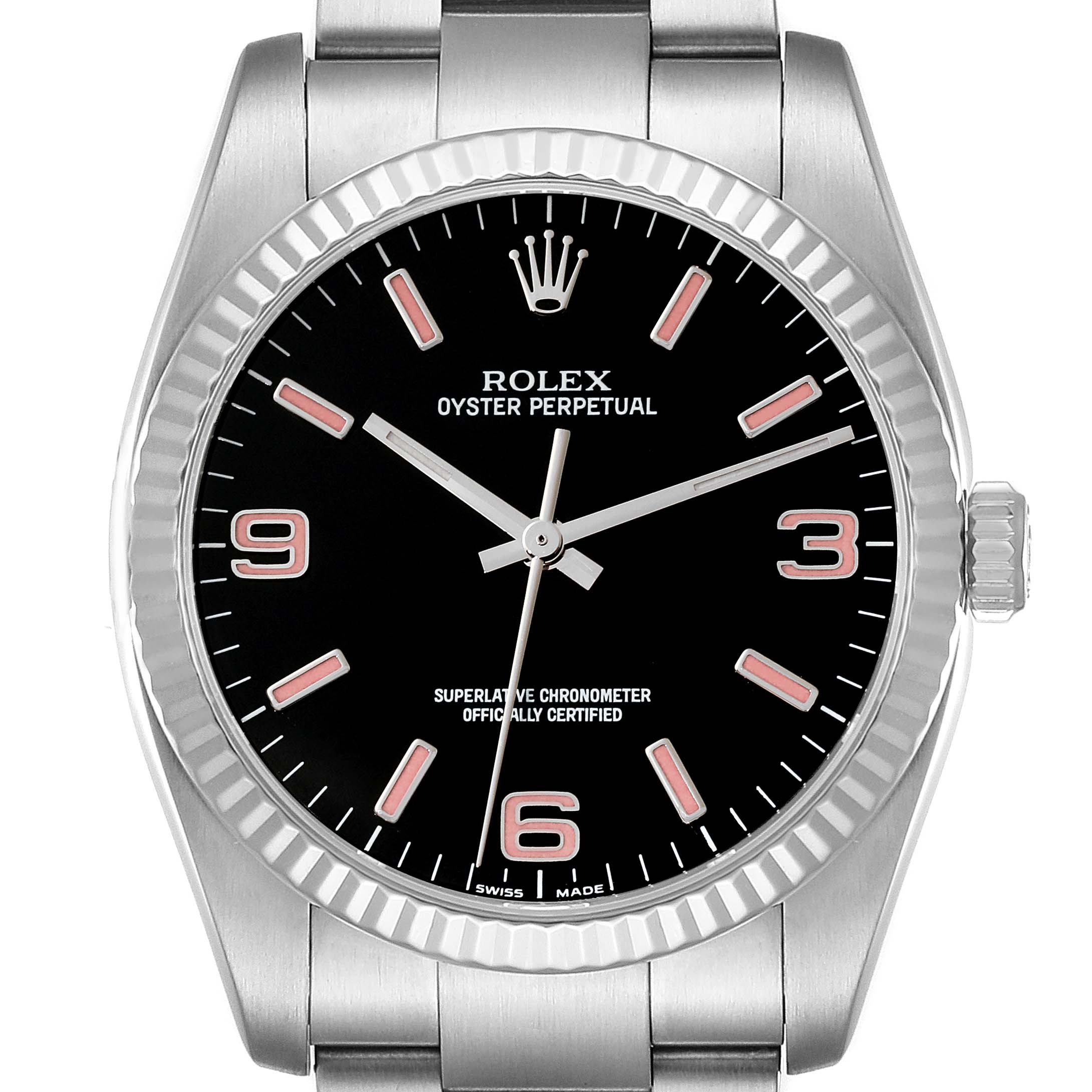 This image shows a front view of a Rolex Oyster Perpetual 116034 Men's Stainless Steel Black Dial 116034 Men's Stainless Steel Black Dial watch, highlighting the face, bezel, and part of the metal bracelet.