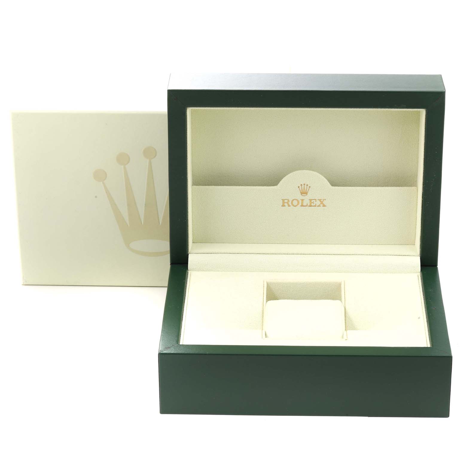 The image shows an open, empty Rolex Oyster Perpetual 116034 Men's Stainless Steel Black Dial 116034 Men's Stainless Steel Black Dial watch box from a front angle, revealing the case and cushion inside.