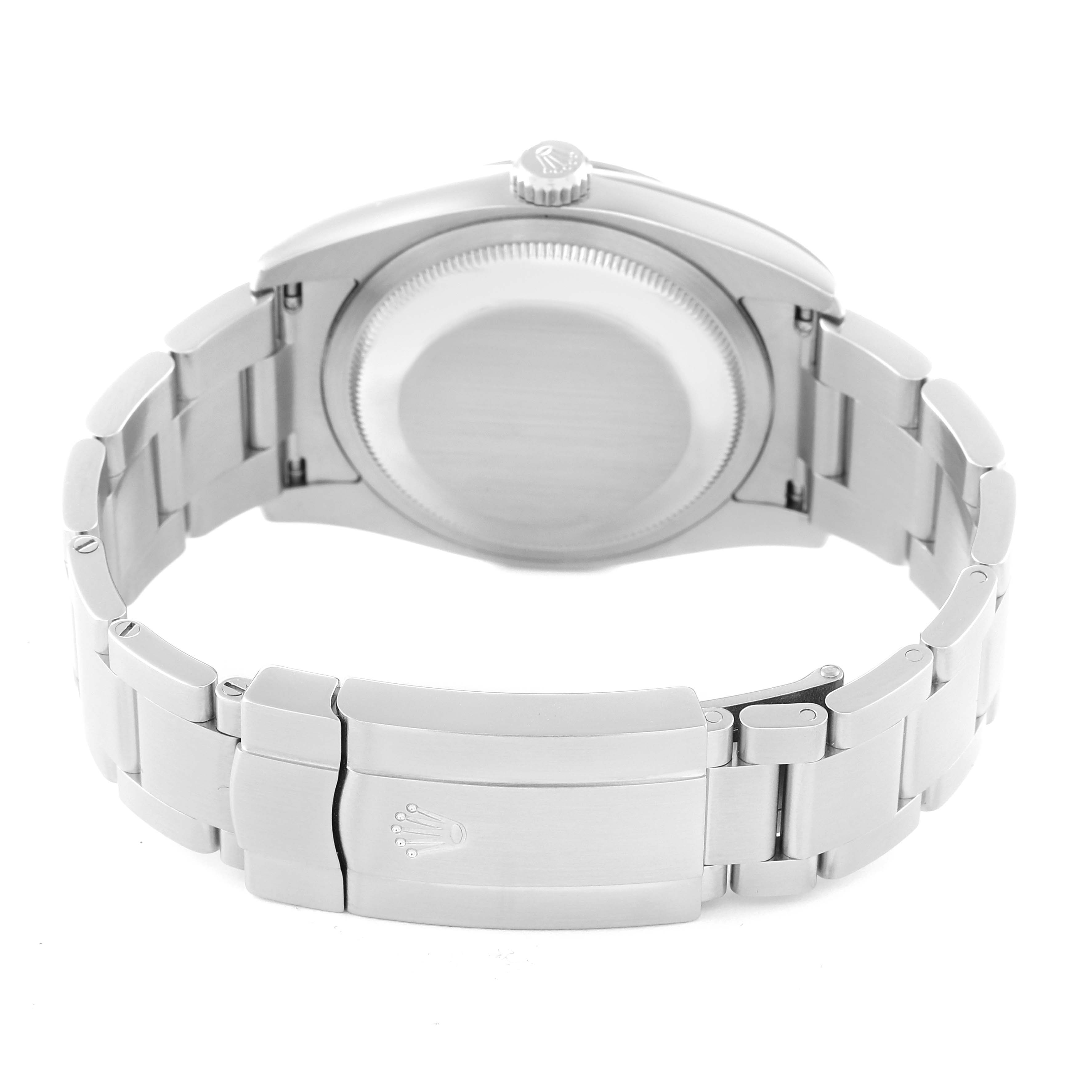 The image shows the back and bracelet of a Rolex Oyster Perpetual 116034 Men's Stainless Steel Black Dial 116034 Men's Stainless Steel Black Dial watch, highlighting its clasp and case back.