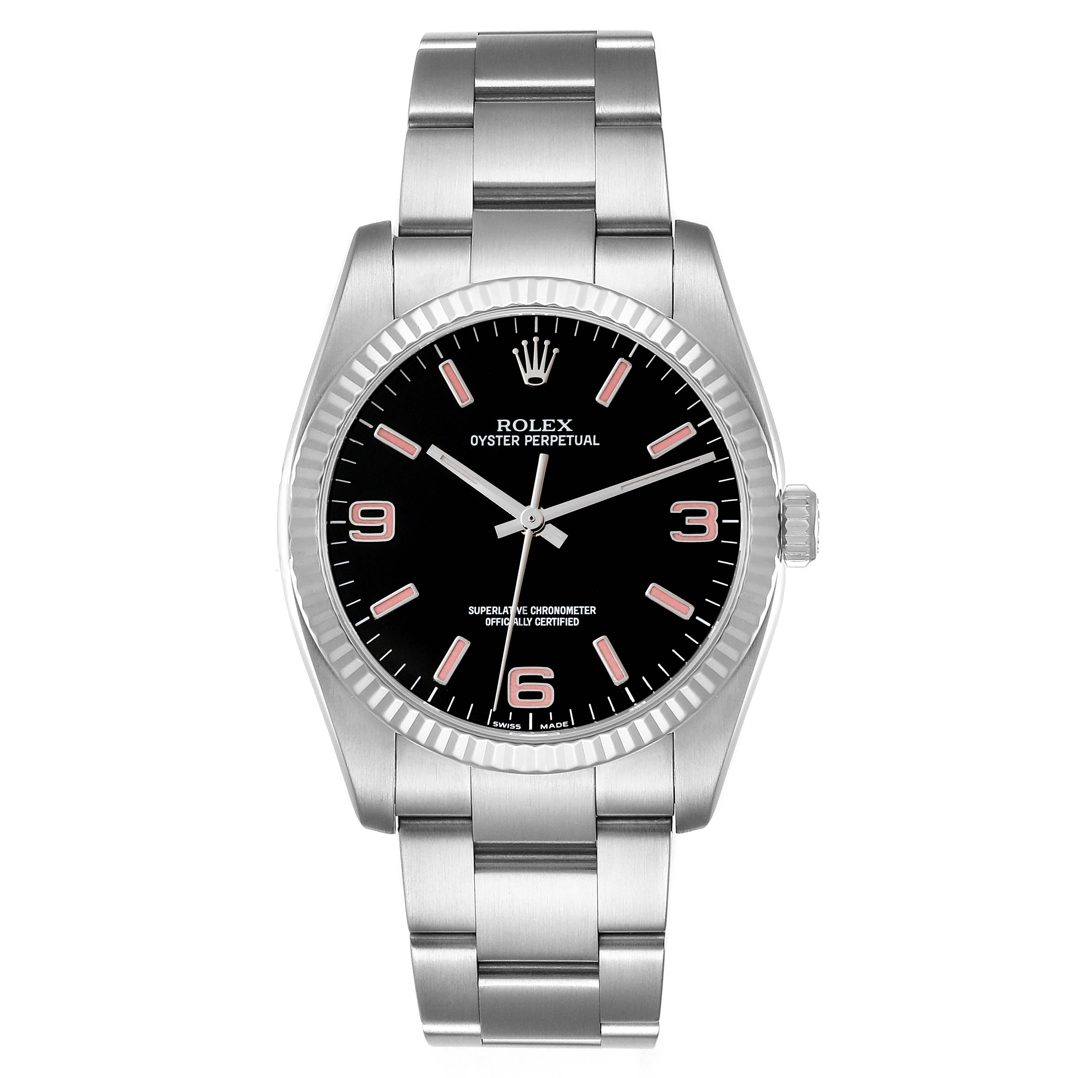 The image shows a front view of a Rolex Oyster Perpetual 116034 Men's Stainless Steel Black Dial 116034 Men's Stainless Steel Black Dial watch displaying the face, bezel, and bracelet.