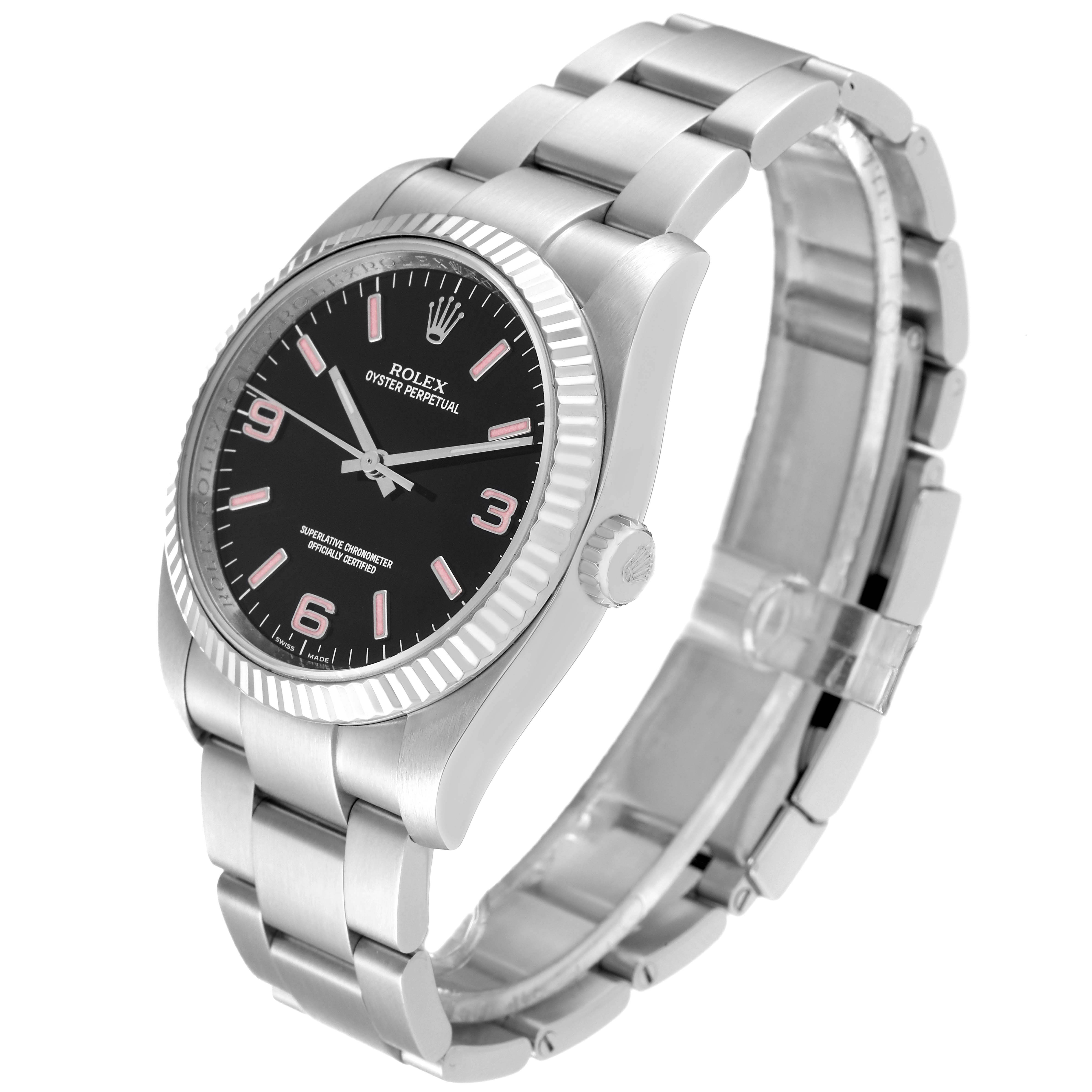 The Rolex Oyster Perpetual 116034 Men's Stainless Steel Black Dial 116034 Men's Stainless Steel Black Dial watch is shown at a three-quarter angle, highlighting the face, bezel, and bracelet.