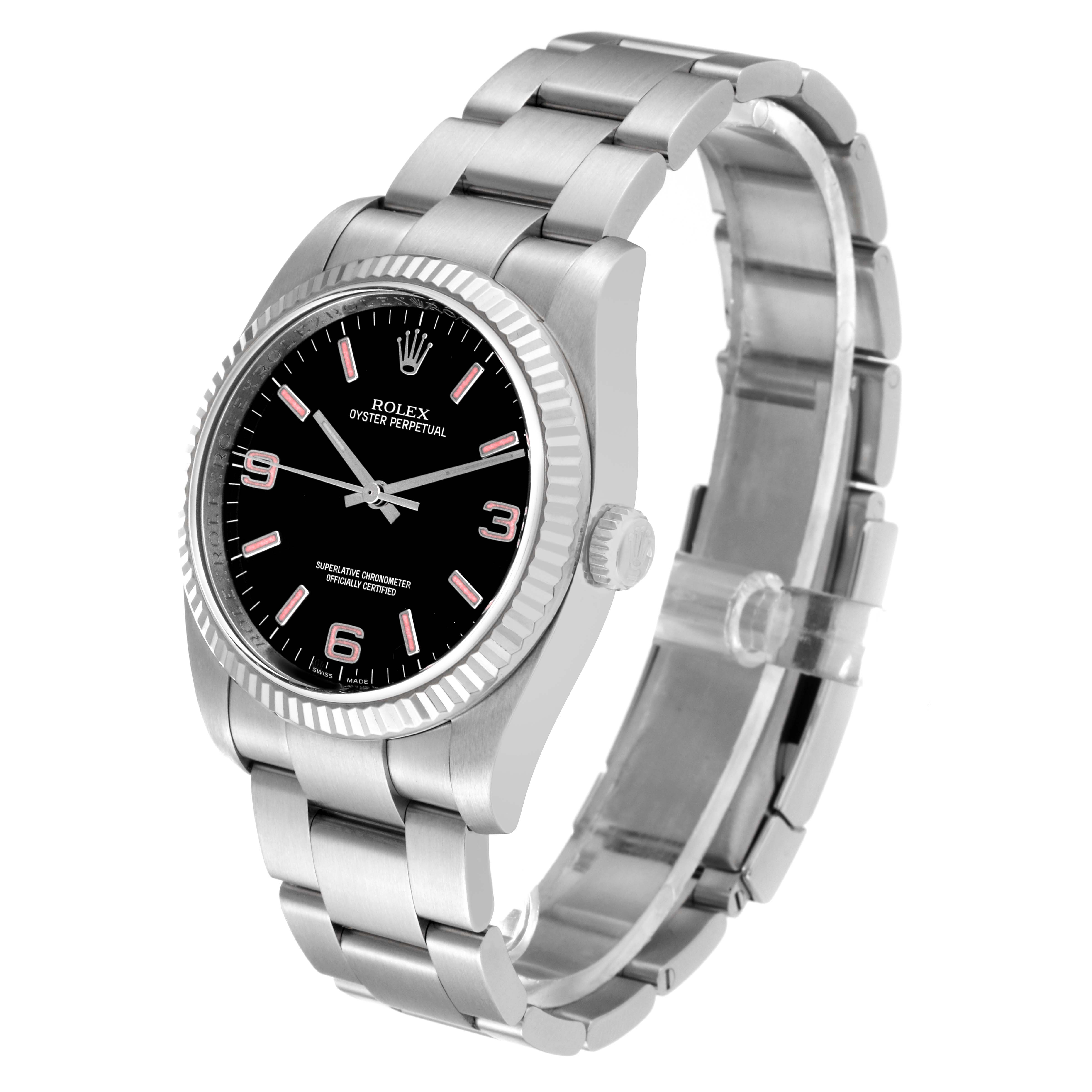 The Rolex Oyster Perpetual 116034 Men
s Stainless Steel Black Dial 116034 Men
s Stainless Steel Black Dial watch is shown at a slight angle, displaying its face, crown, bracelet, and clasp.