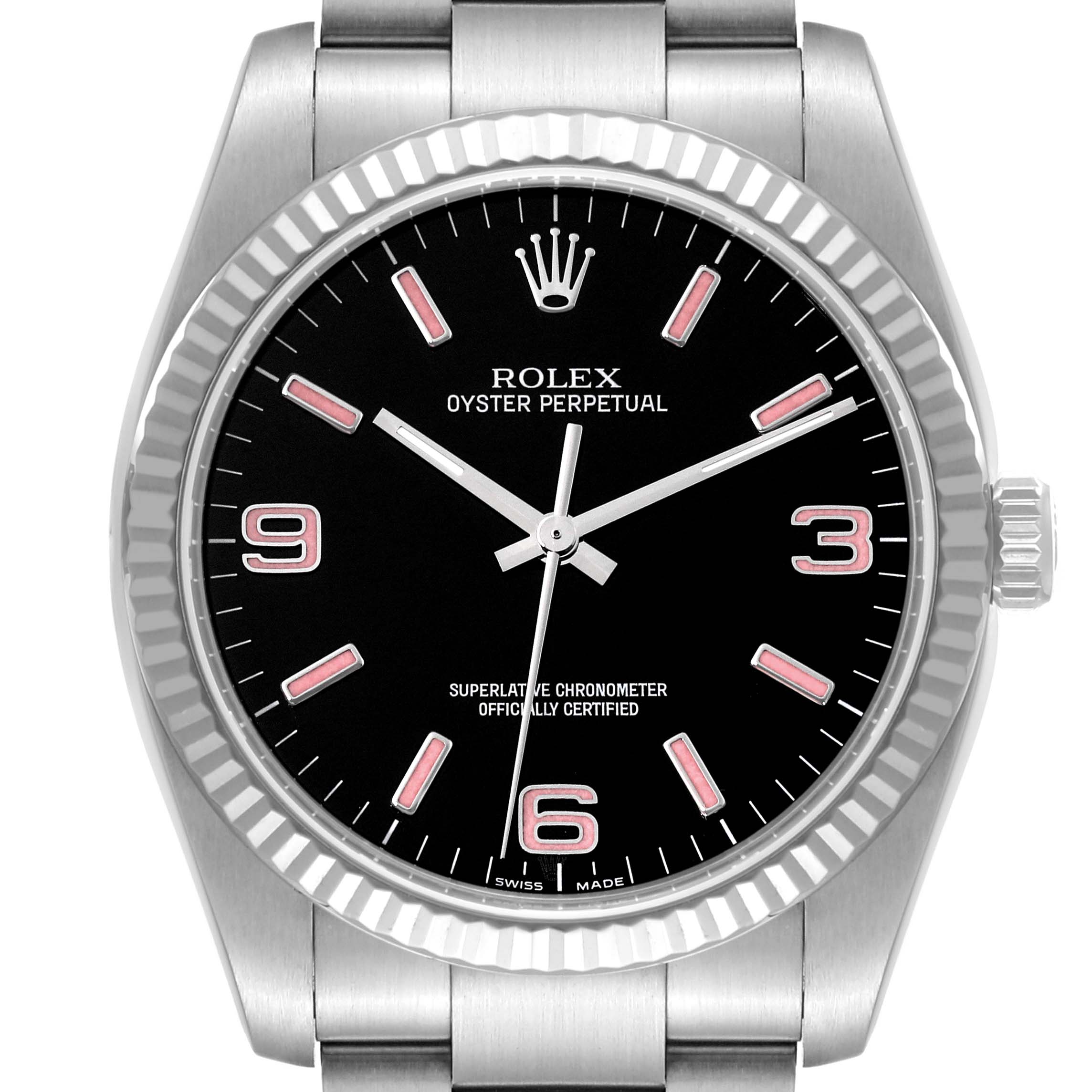 The image shows a front view of a Rolex Oyster Perpetual 116034 Men
s Stainless Steel Black Dial 116034 Men
s Stainless Steel Black Dial watch, displaying the dial, hour markers, hands, and fluted bezel.