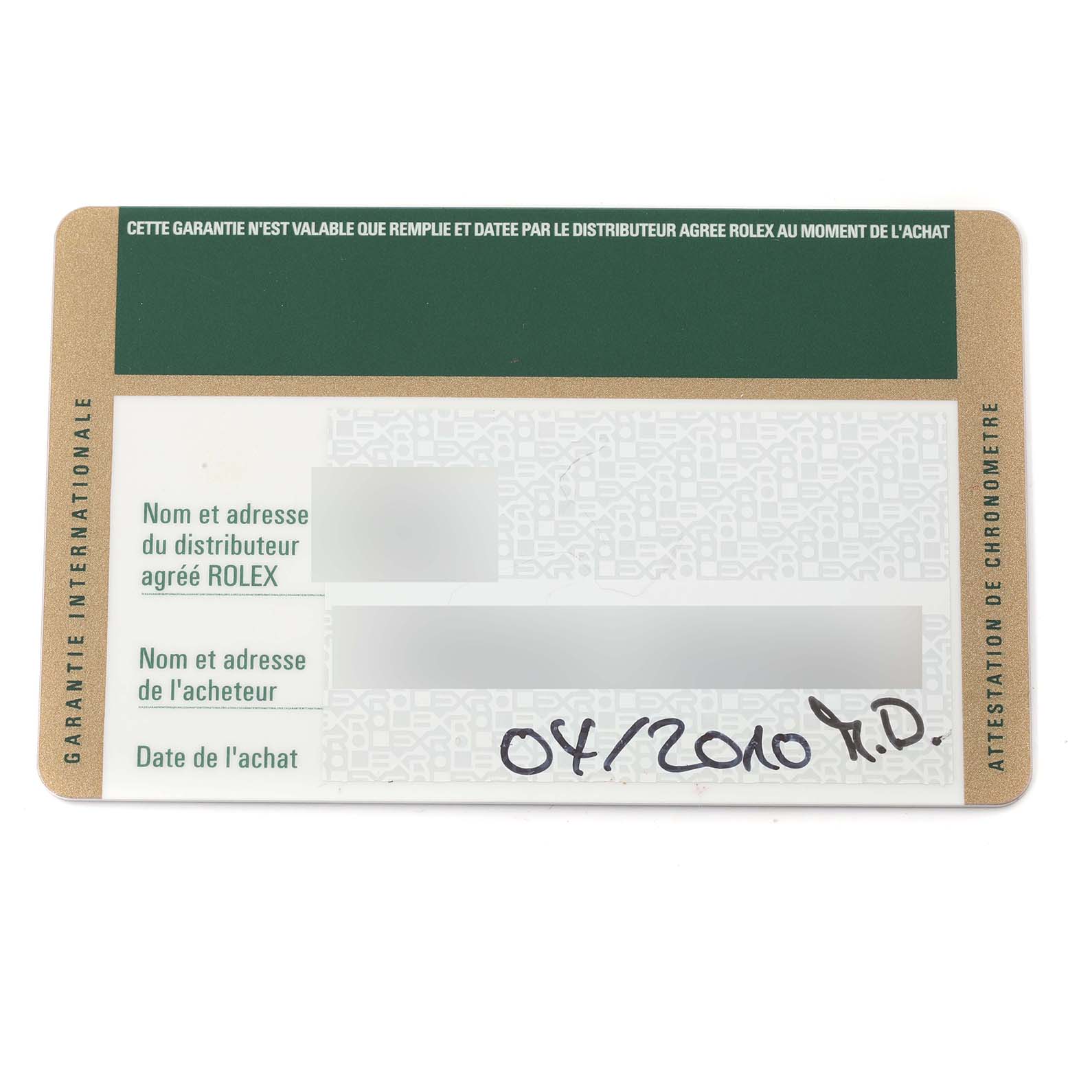 This image shows a warranty card for the Rolex Oyster Perpetual 116034 Men
s Stainless Steel Black Dial 116034 Men
s Stainless Steel Black Dial watch, filled with some owner and purchase details.