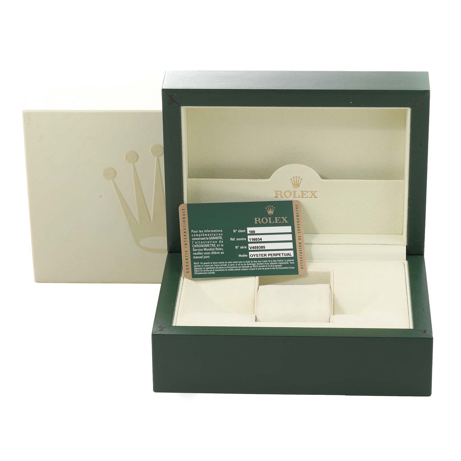 The image shows the packaging box and information card for a Rolex Oyster Perpetual 116034 Men
s Stainless Steel Black Dial 116034 Men
s Stainless Steel Black Dial watch, viewed from the front.