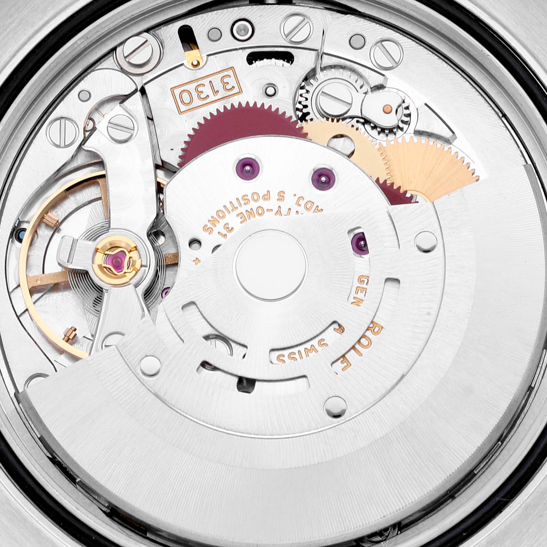 This image shows a close-up of the internal mechanism of a Rolex Oyster Perpetual 116034 Men
s Stainless Steel Black Dial 116034 Men
s Stainless Steel Black Dial watch, featuring gears and components.