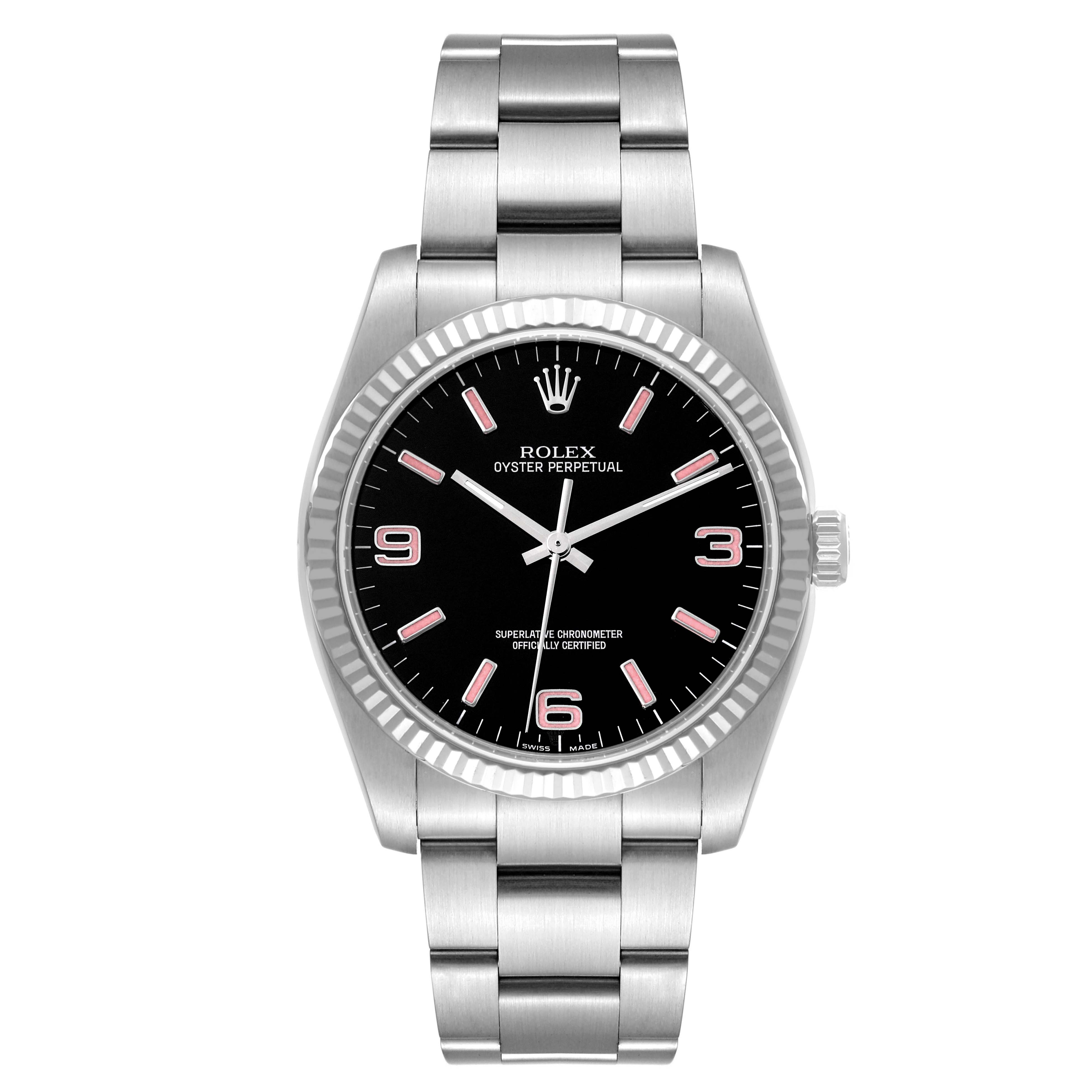 The Rolex Oyster Perpetual 116034 Men
s Stainless Steel Black Dial 116034 Men
s Stainless Steel Black Dial watch is shown from a front angle displaying its black dial, hour markers, hands, and stainless steel bracelet.